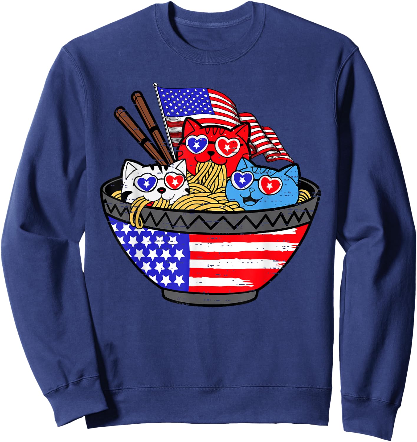 Cats Ramen Anime Kitty American Flag USA 4th of July Fourth Sweatshirt - Sweatshirt | Navy