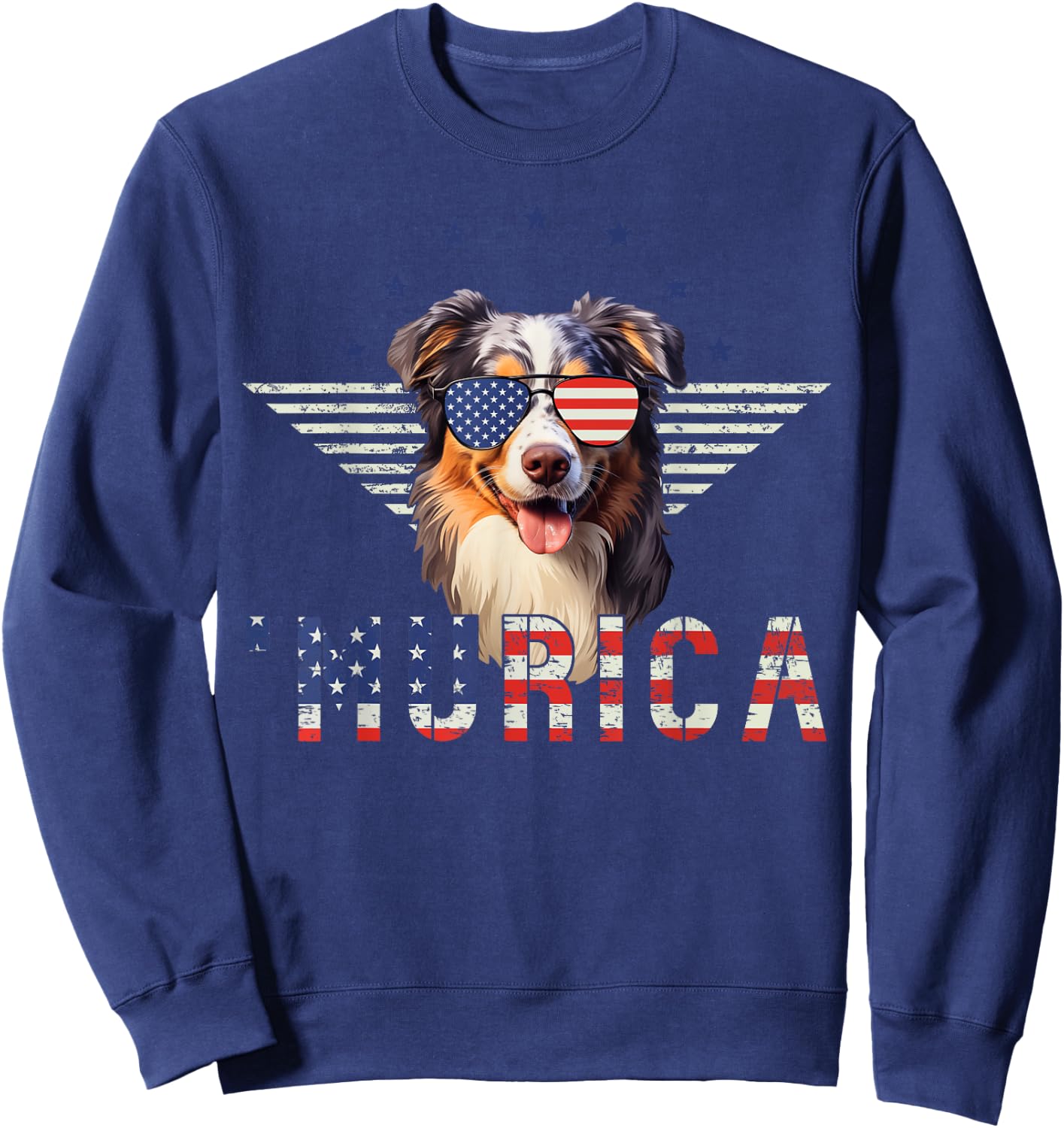 Murica Australian Shepherd Sunglasses American Flag 4th July Sweatshirt - Sweatshirt | Navy