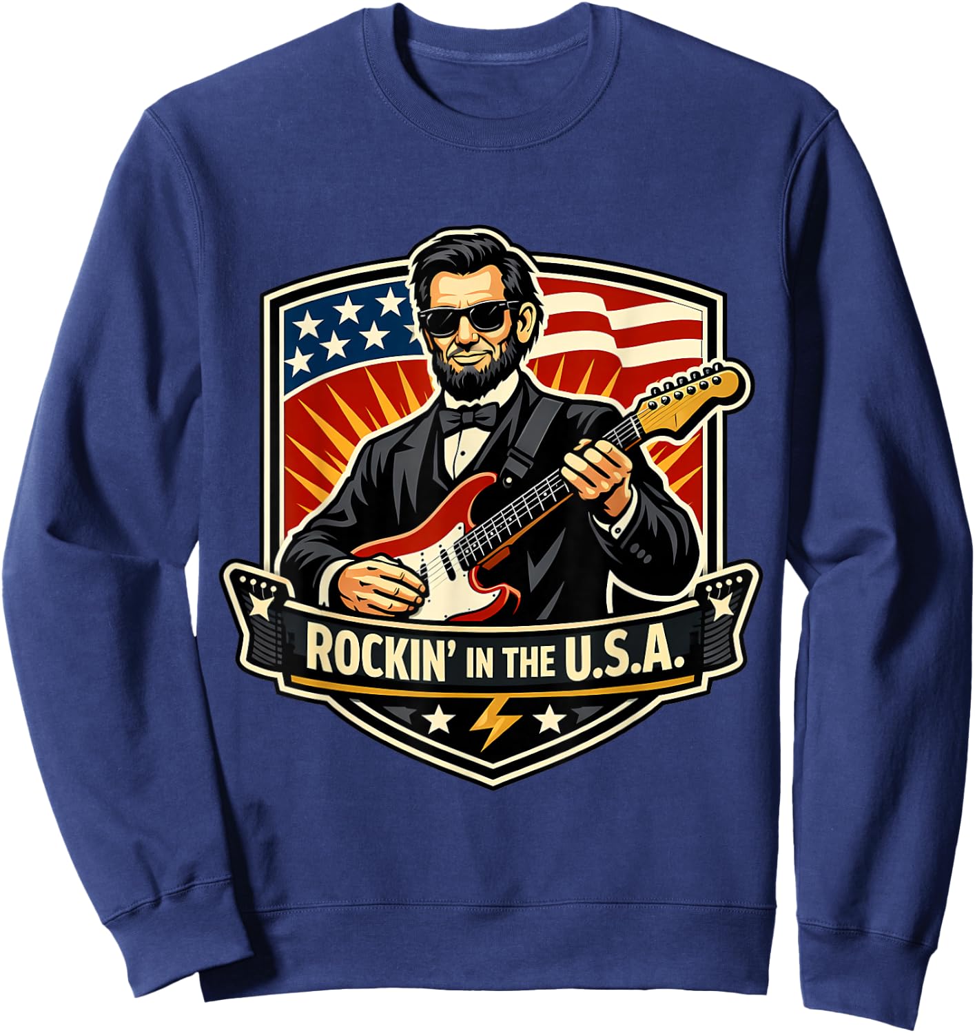 Rockin in The USA President Guitar American Independence Day Sweatshirt - Sweatshirt | Navy