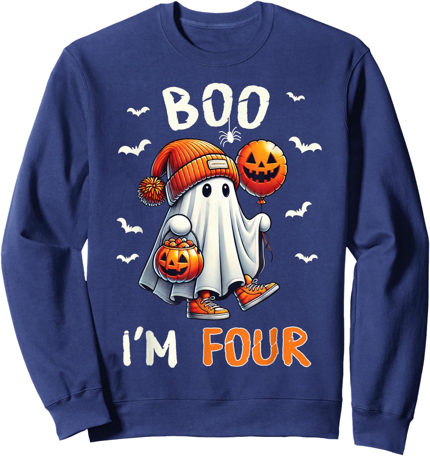 Boo I'm Four Ghost 4th Birthday Halloween Boy Kids Groovy Sweatshirt - Sweatshirt | Navy