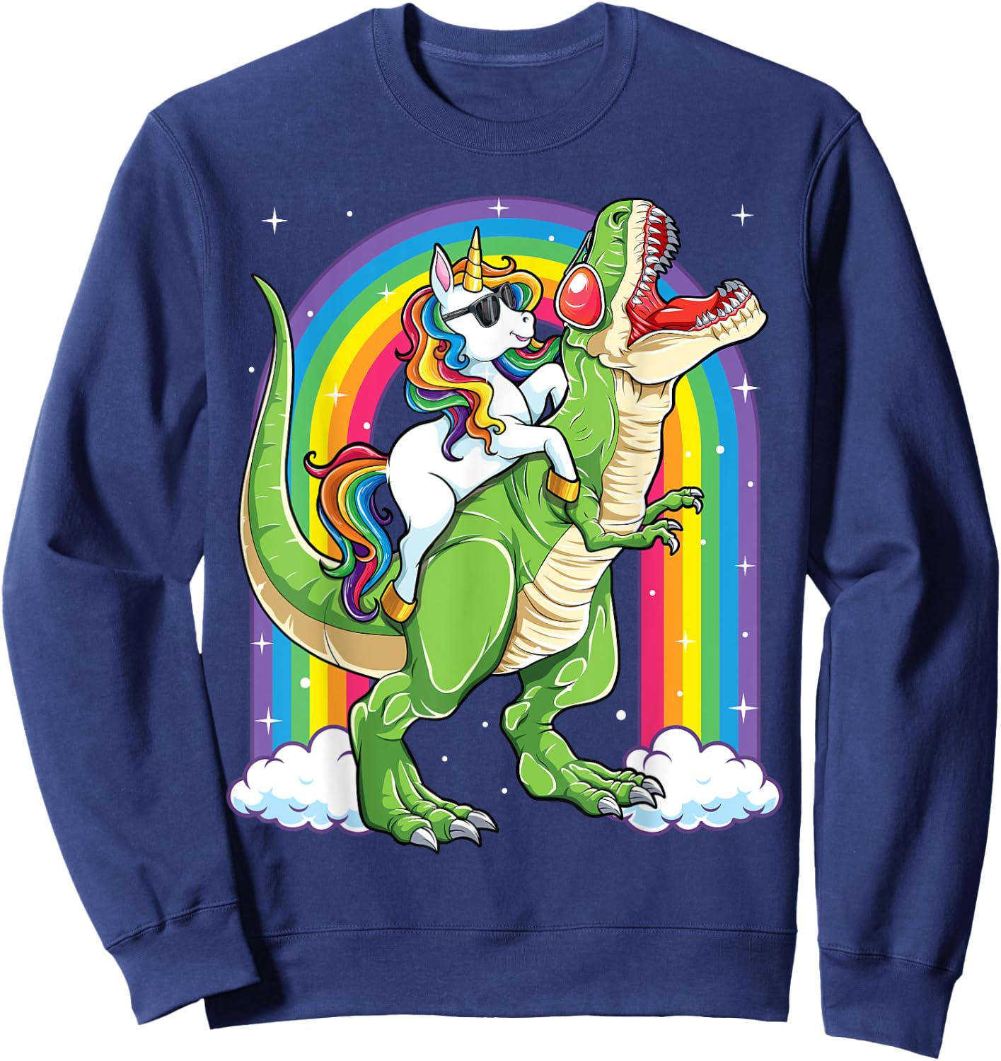 Unicorn Riding Dinosaur T rex Boys Girls Men Women Rainbow Sweatshirt - Sweatshirt | Navy