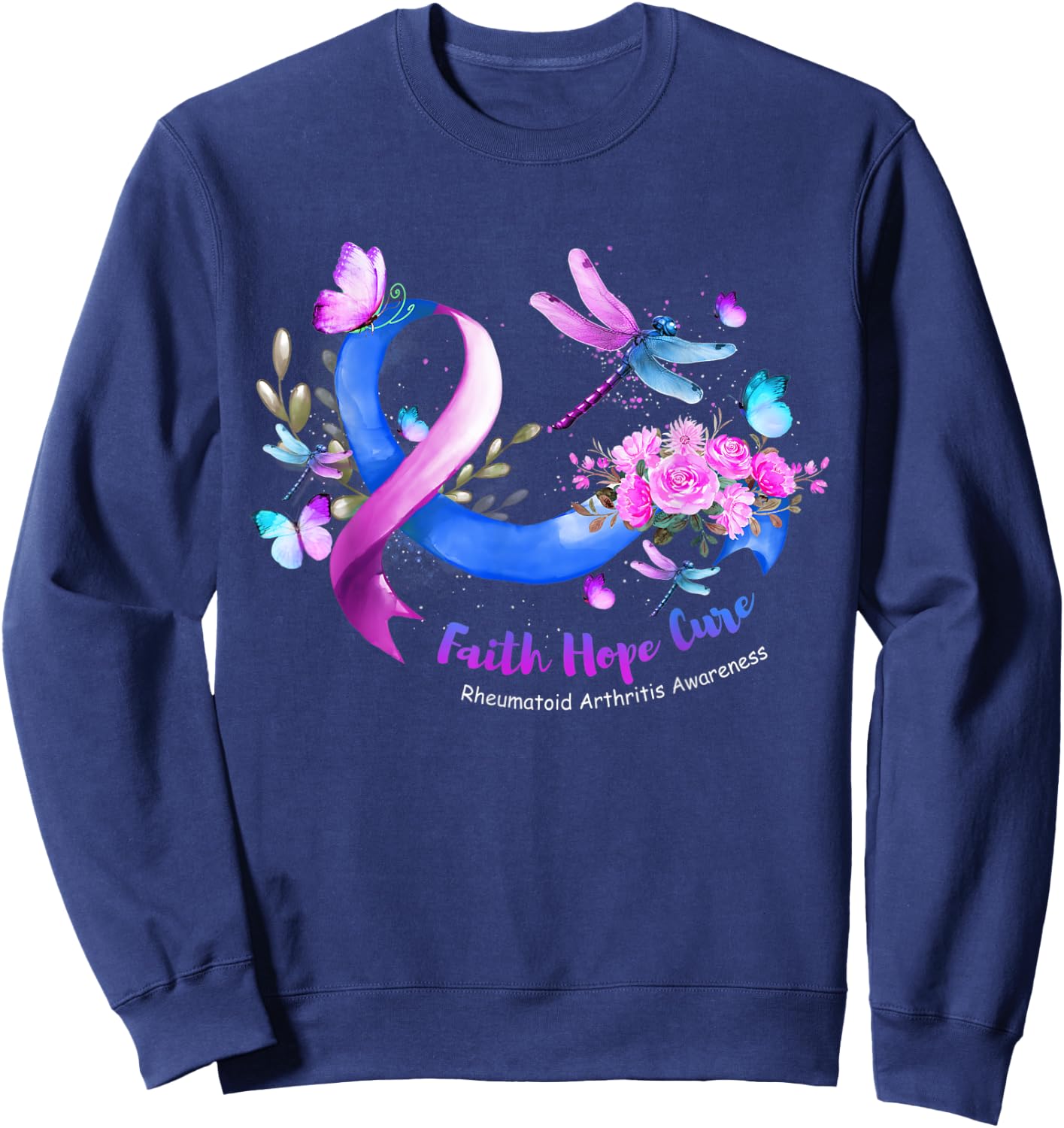 Faith Hope Cure Dragonfly Rheumatoid Arthritis Awareness Sweatshirt - Sweatshirt | Navy