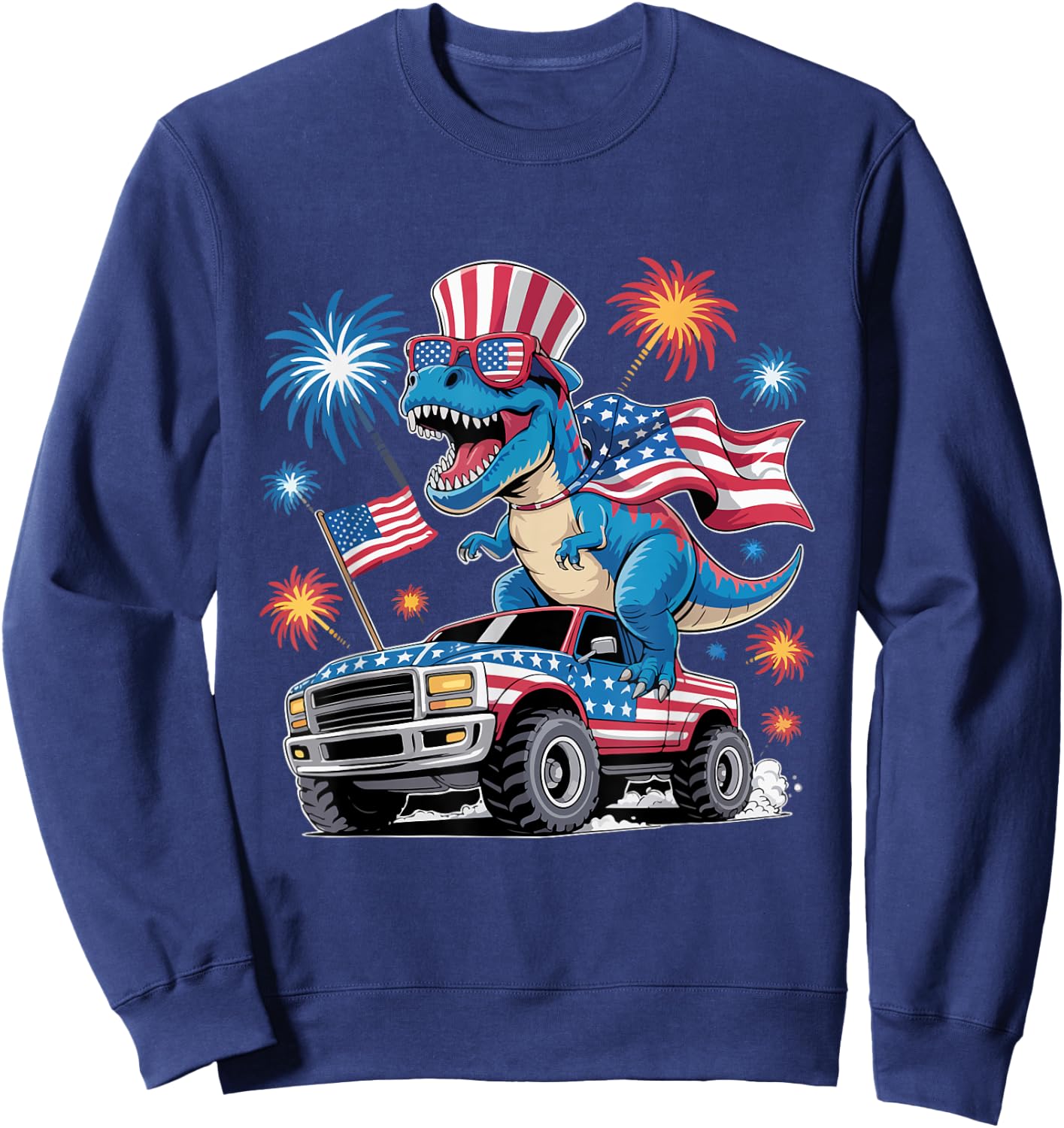Dinosaur 4th Of July T Rex Dinosaur Truck Dino Sweatshirt - Sweatshirt | Navy