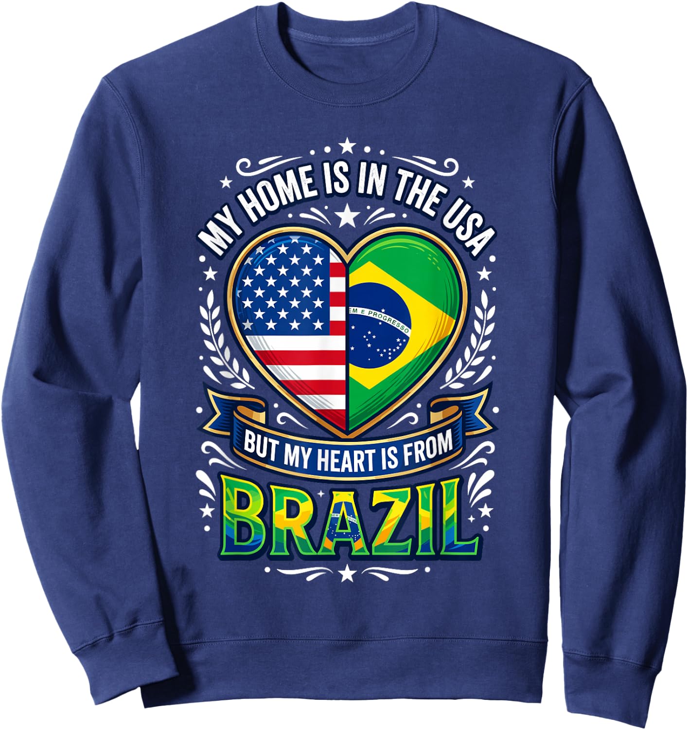 Brazilian American Heart Dual Flag Love Brazil Roots Pride Sweatshirt - Sweatshirt | Navy