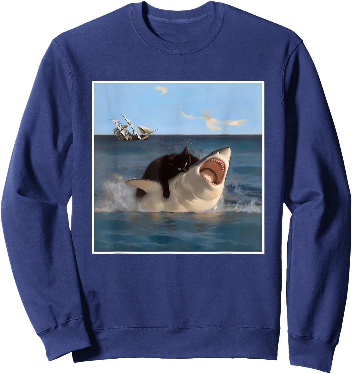 Funny Art & Cat Lover Quote Cat Biting Shark Cool Fat Cat Sweatshirt - Sweatshirt | Navy