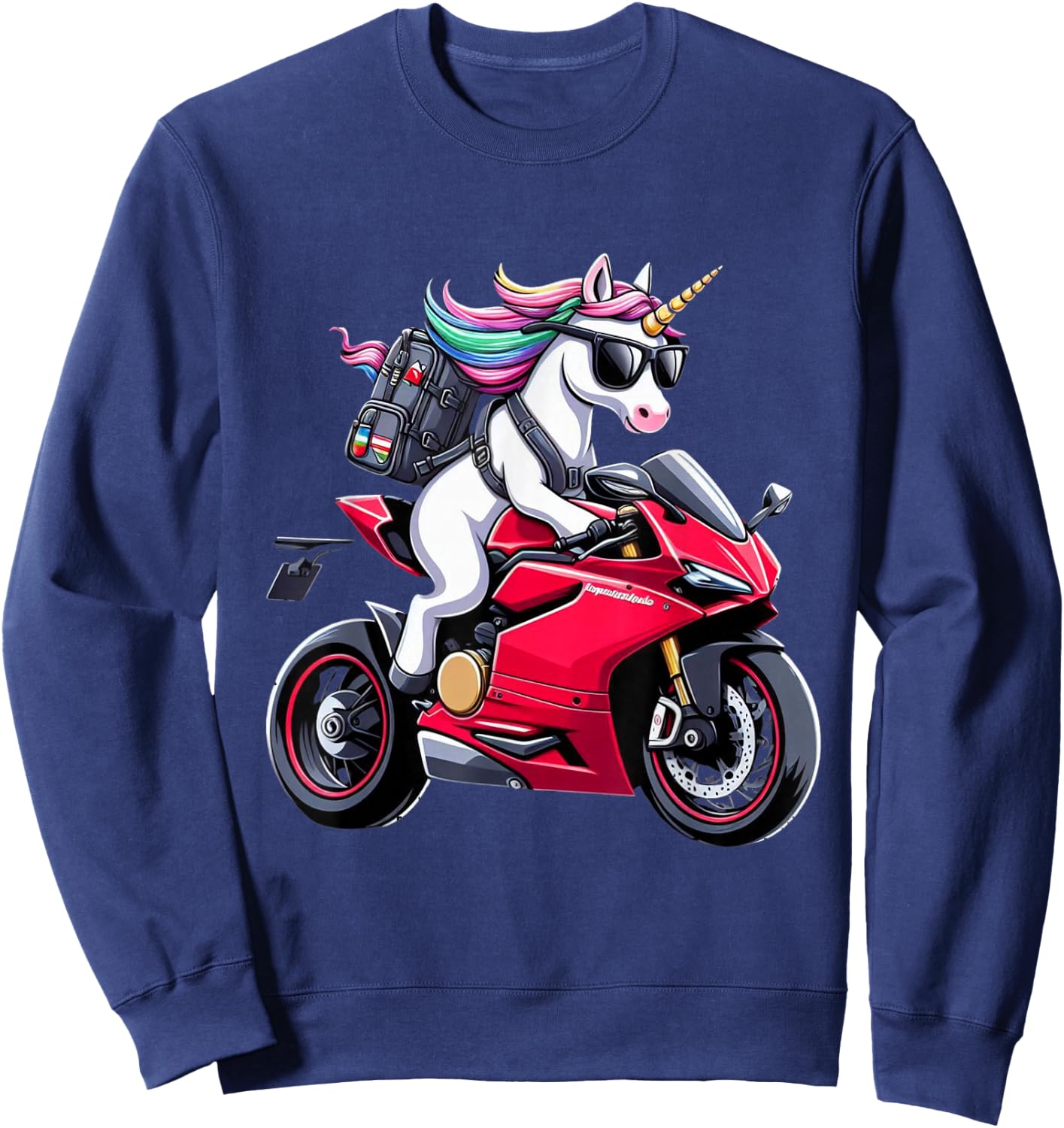 Unicorn Riding a Motorcycle for Boys, Girls, Men, Women, Kids and Adults , Black, S Sweatshirt - Sweatshirt | Navy
