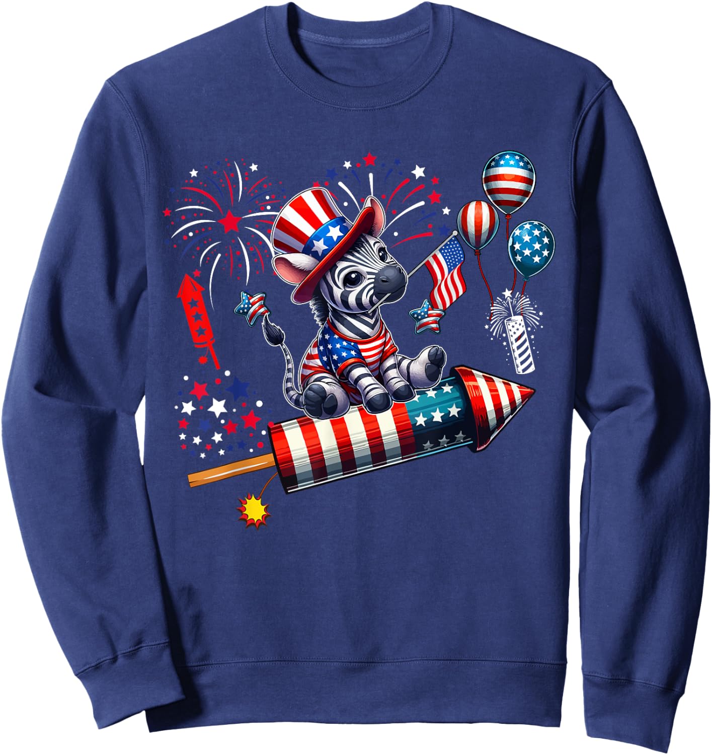 Zebra Riding Firecracker US Flag 4th Of July Fireworks Women Kids Men Sweatshirt - Sweatshirt | Navy