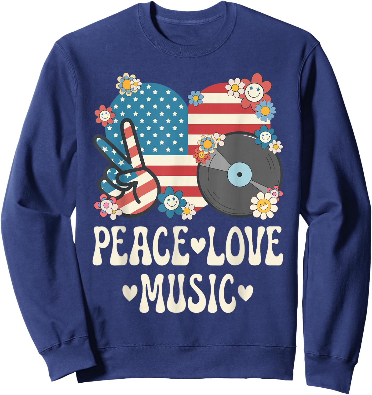 Peace Love Music American Flag Patriotic Men Women Musician Sweatshirt - Sweatshirt | Navy