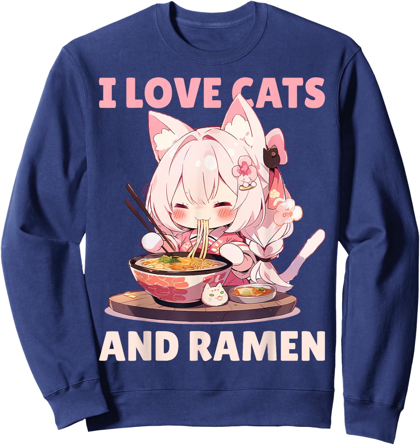 Kawaii Chibi Nekomimi Anime Cat Girl Ramen Otaku Sweatshirt - Sweatshirt | Navy