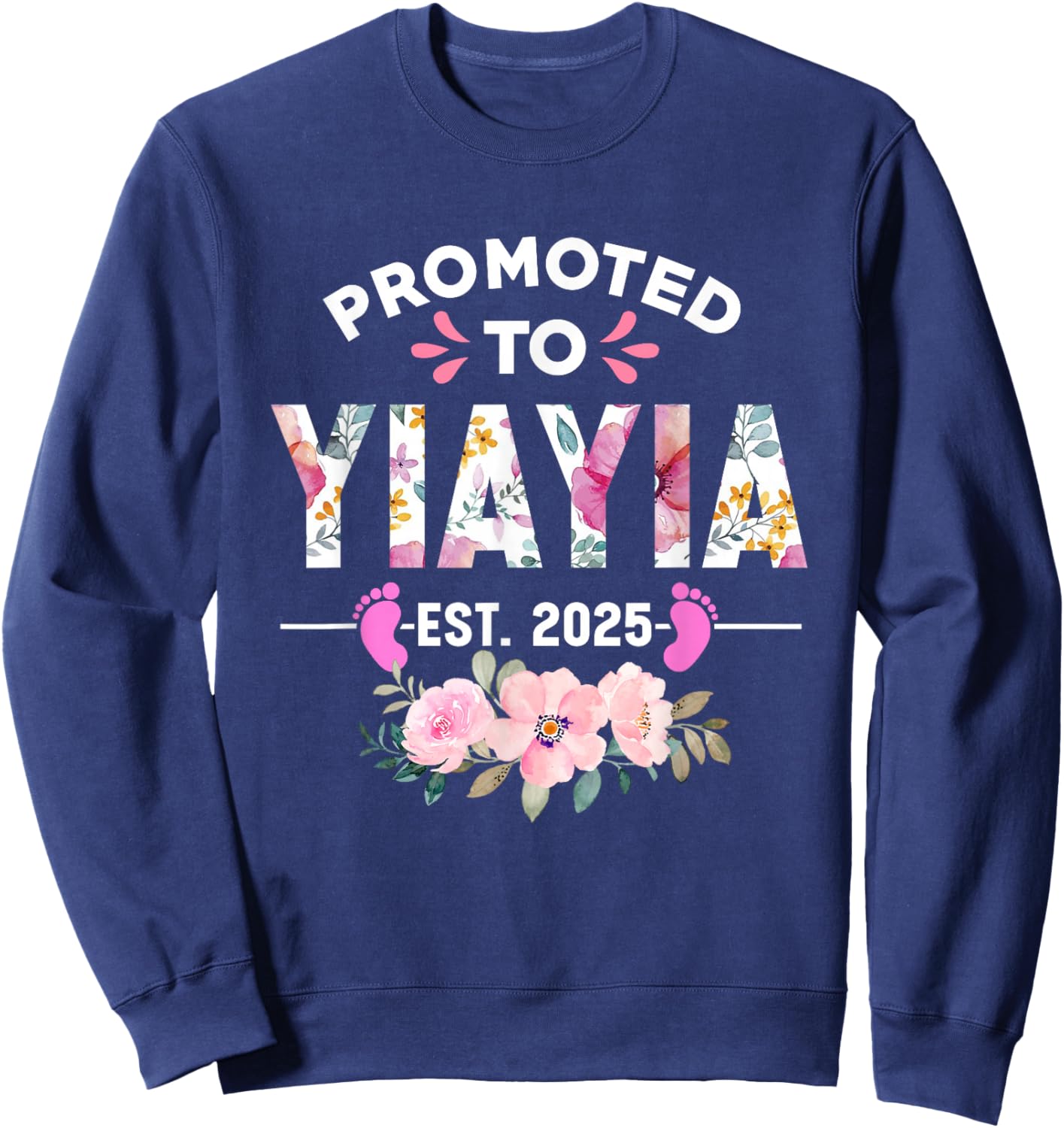Soon to be Yiayia 2025 Mothers Day Gifts Women's Floral Letter Print Black Small Classic Fit Modern Round Neck Short Sleeve Sweatshirt - Sweatshirt | Navy