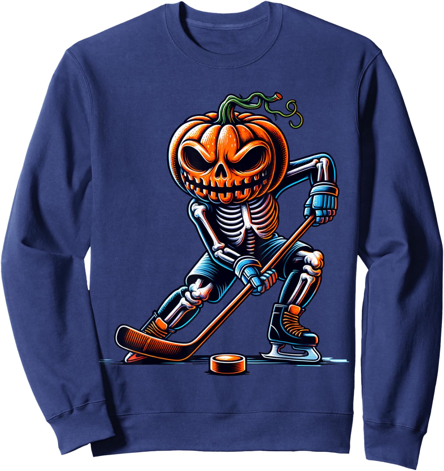 Skeleton Ice Hockey Halloween Pumpkin Hockey Boys Kids Sweatshirt - Sweatshirt | Navy