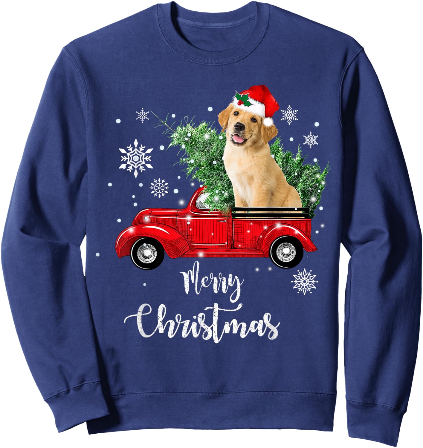 Red Truck Merry Christmas Tree Golden Retriever Christmas Sweatshirt - Sweatshirt | Navy