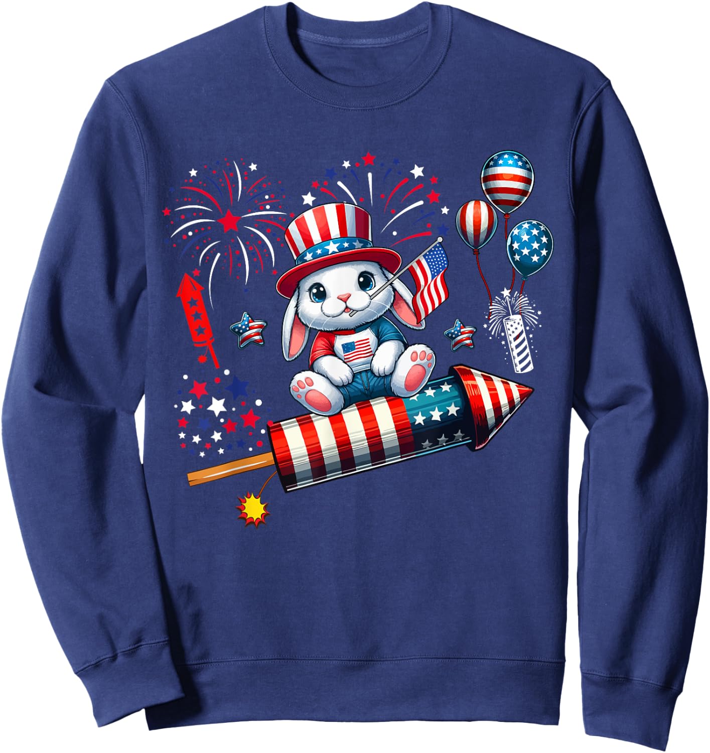 Rabbit Riding Firecracker US Flag 4th Of July Fireworks Women Kids Men Sweatshirt - Sweatshirt | Navy
