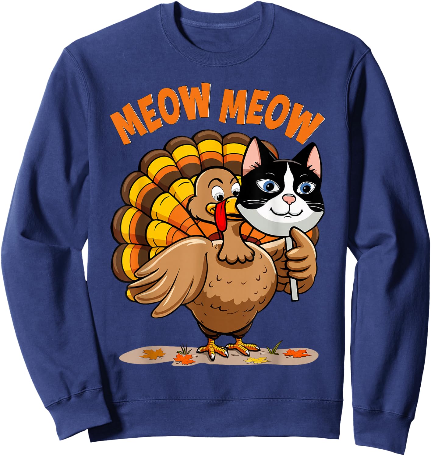 Thanksgiving Cat Funny Fake Cat Meow Thanksgiving Turkey Sweatshirt - Sweatshirt | Navy