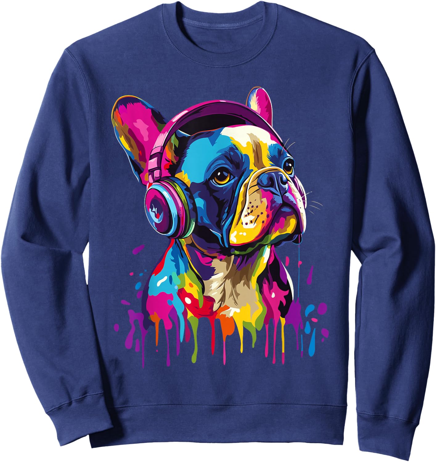 French Bulldog Lover Headphones Pop Art Funny French Bulldog , black Sweatshirt - Sweatshirt | Navy