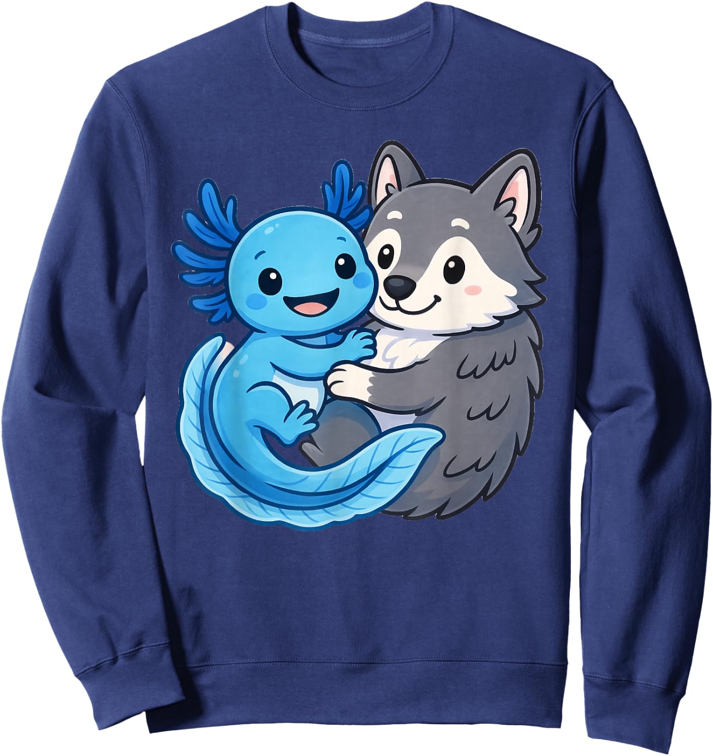Cute Axolotl Hugging Wolf Sweatshirt - Sweatshirt | Navy