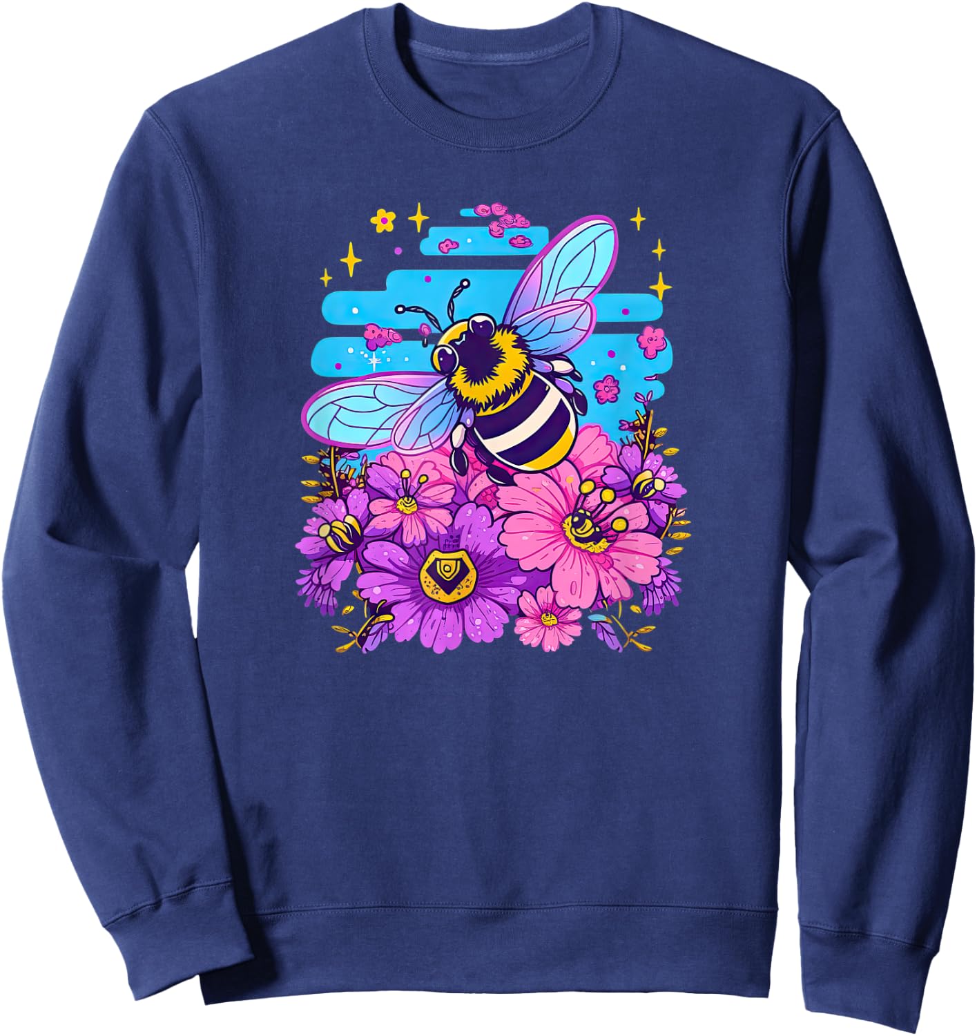 Super Cute Cartoon Bee and Flowers in Bubblegum Synthwave! Sweatshirt - Sweatshirt | Navy