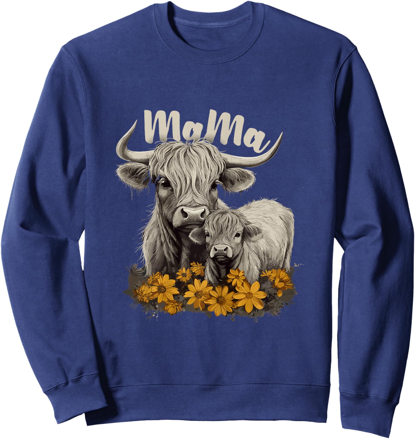 Cute Mama Highland Cow with Baby Calf Flower, Cool Animal Sweatshirt - Sweatshirt | Navy