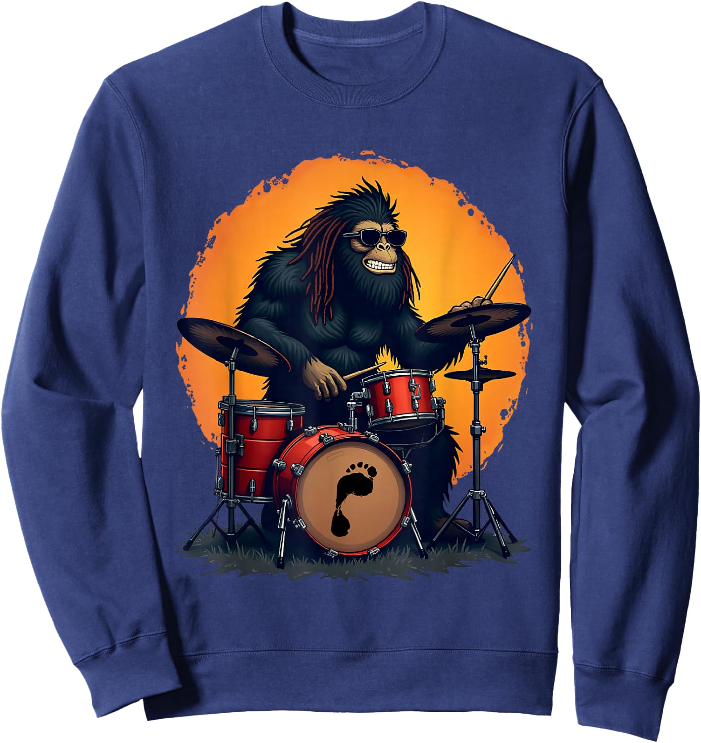 Bigfoot Drum Squad Retro Vintage Sasquatch Playing Drums Sweatshirt - Sweatshirt | Navy