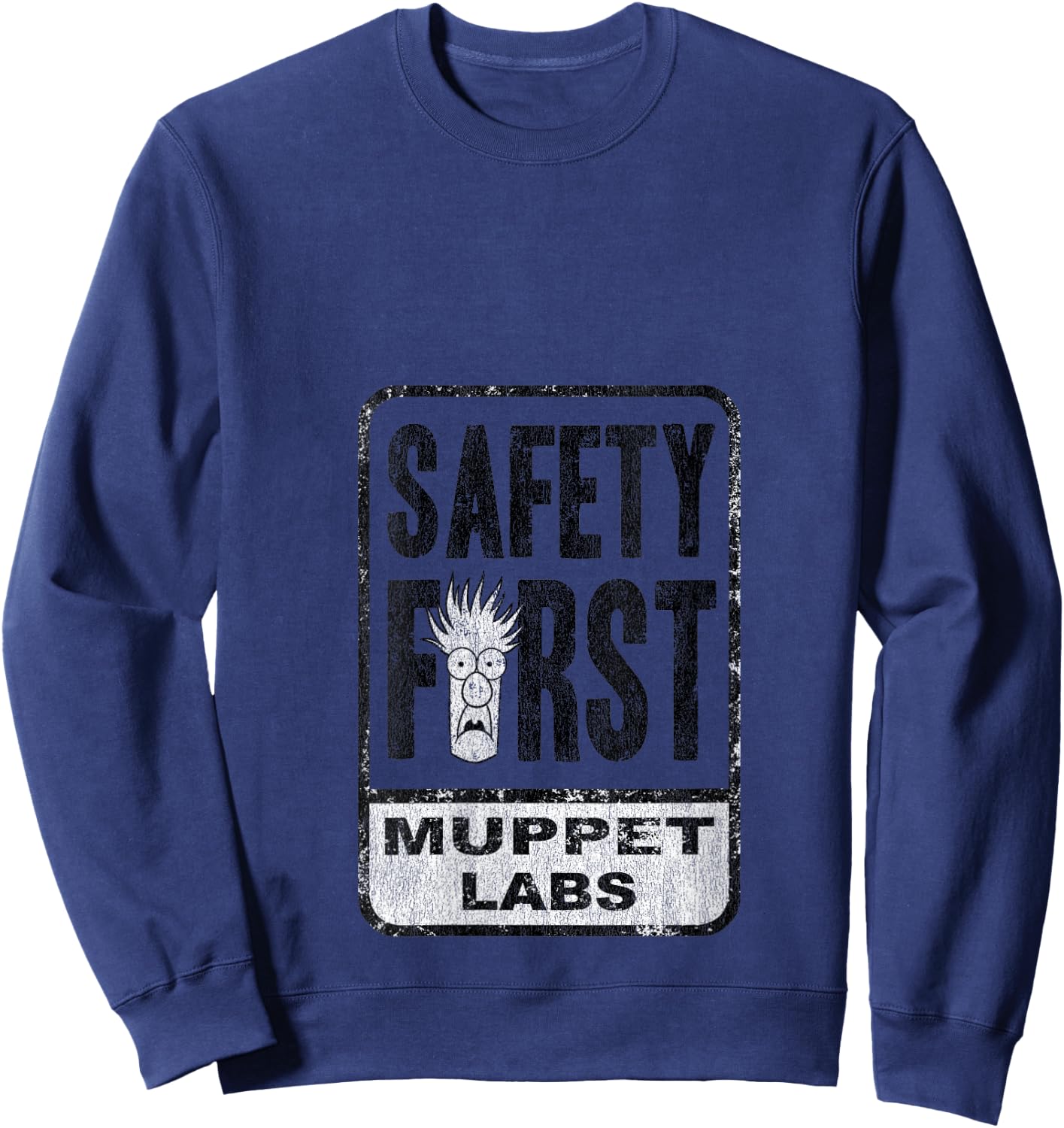 Disney The Muppets Safety First Sign Beaker Distressed V-Neck Sweatshirt - Sweatshirt | Navy