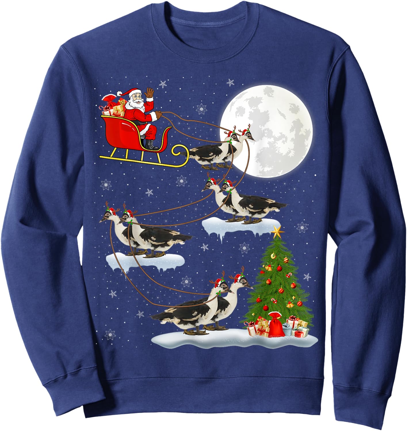 Xmas Tree Lighting Santa Riding Muscovy Duck Christmas Sweatshirt - Sweatshirt | Navy