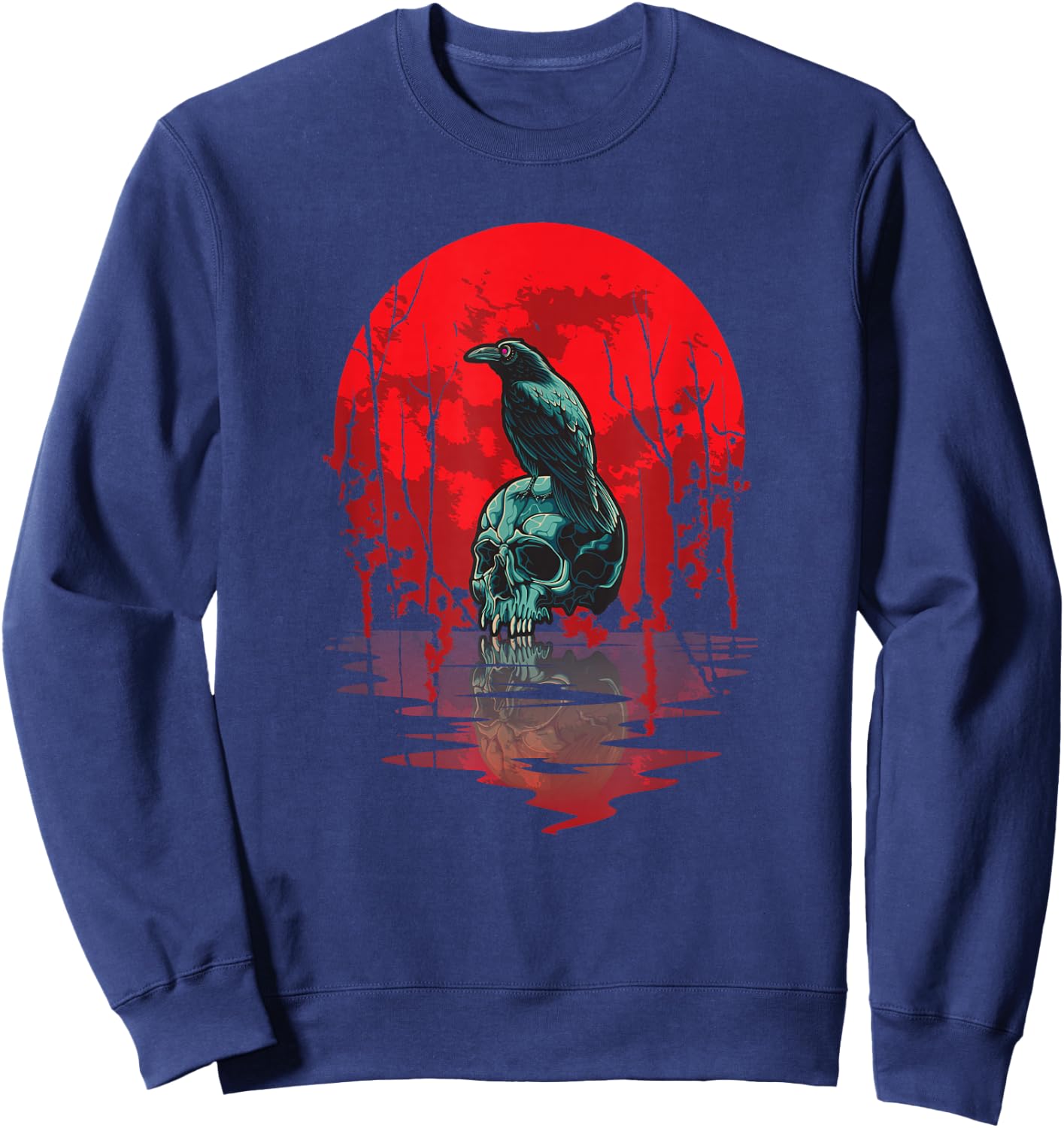 Gothic Raven Skull Red Moon Black Crow Sweatshirt - Sweatshirt | Navy