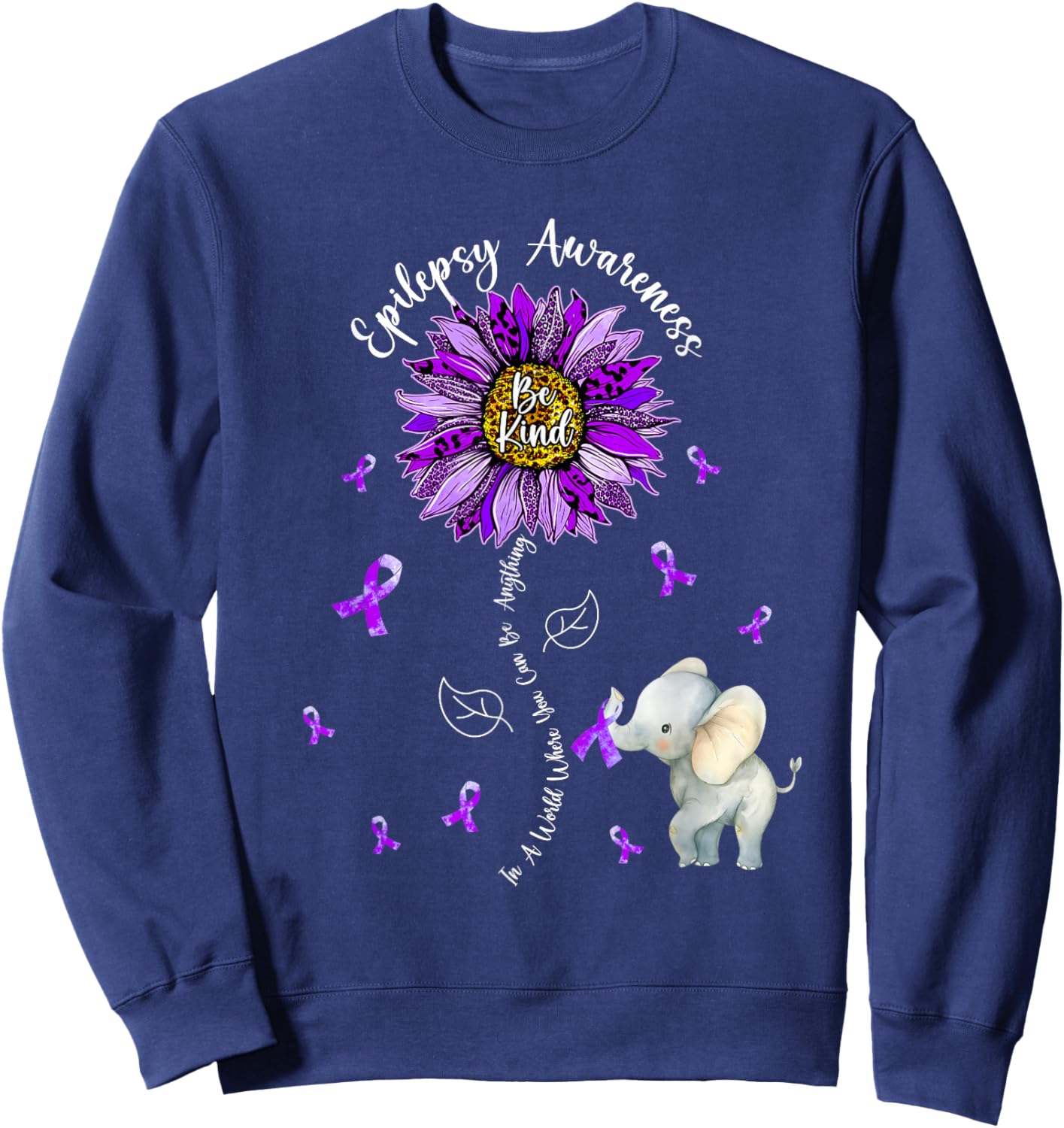Be Kind Elephant Purple Sunflower Epilepsy Awareness Sweatshirt - Sweatshirt | Navy
