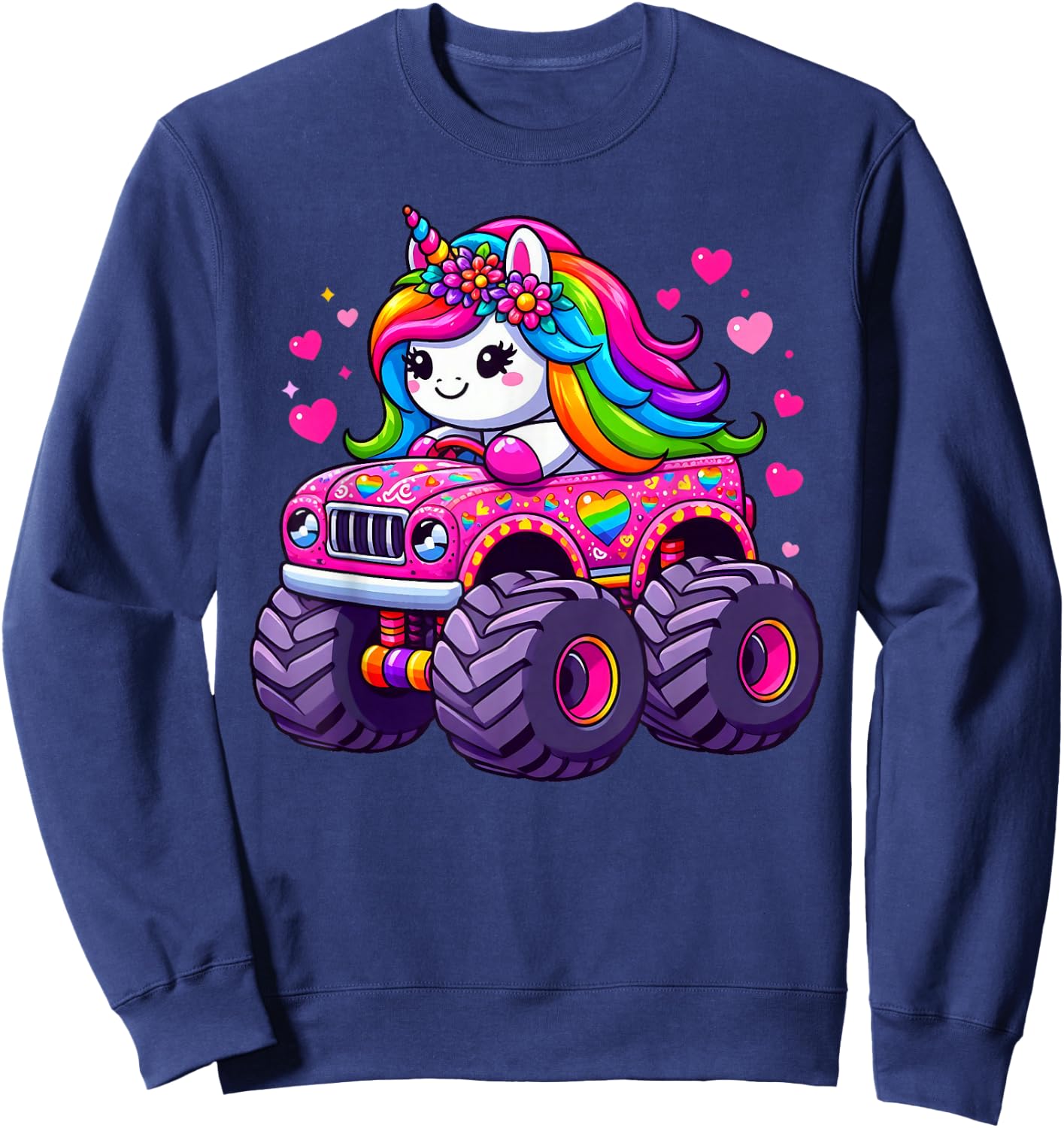 Cute Unicorn Riding A Pink Monster Truck Lovers Girls Sweatshirt - Sweatshirt | Navy