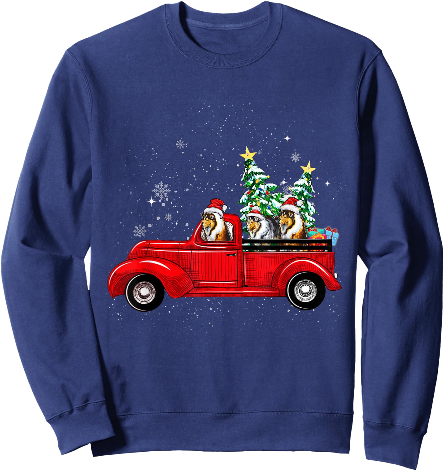 Rough Collie Dog Driving Xmas Truck Christmas Tree Lights Women Kids Sweatshirt - Sweatshirt | Navy