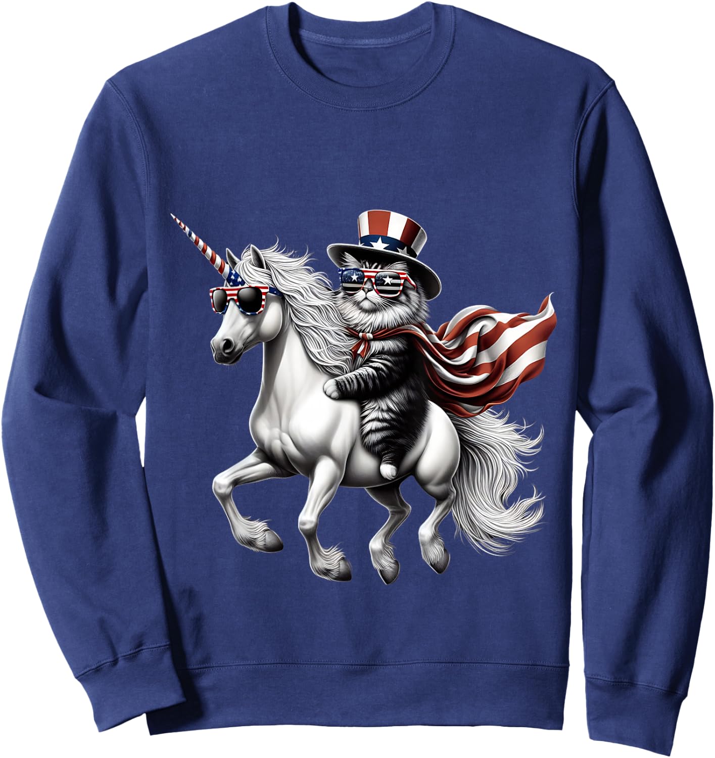 Cat riding Unicorn usa flag Patriotic 4th of July Sweatshirt - Sweatshirt | Navy