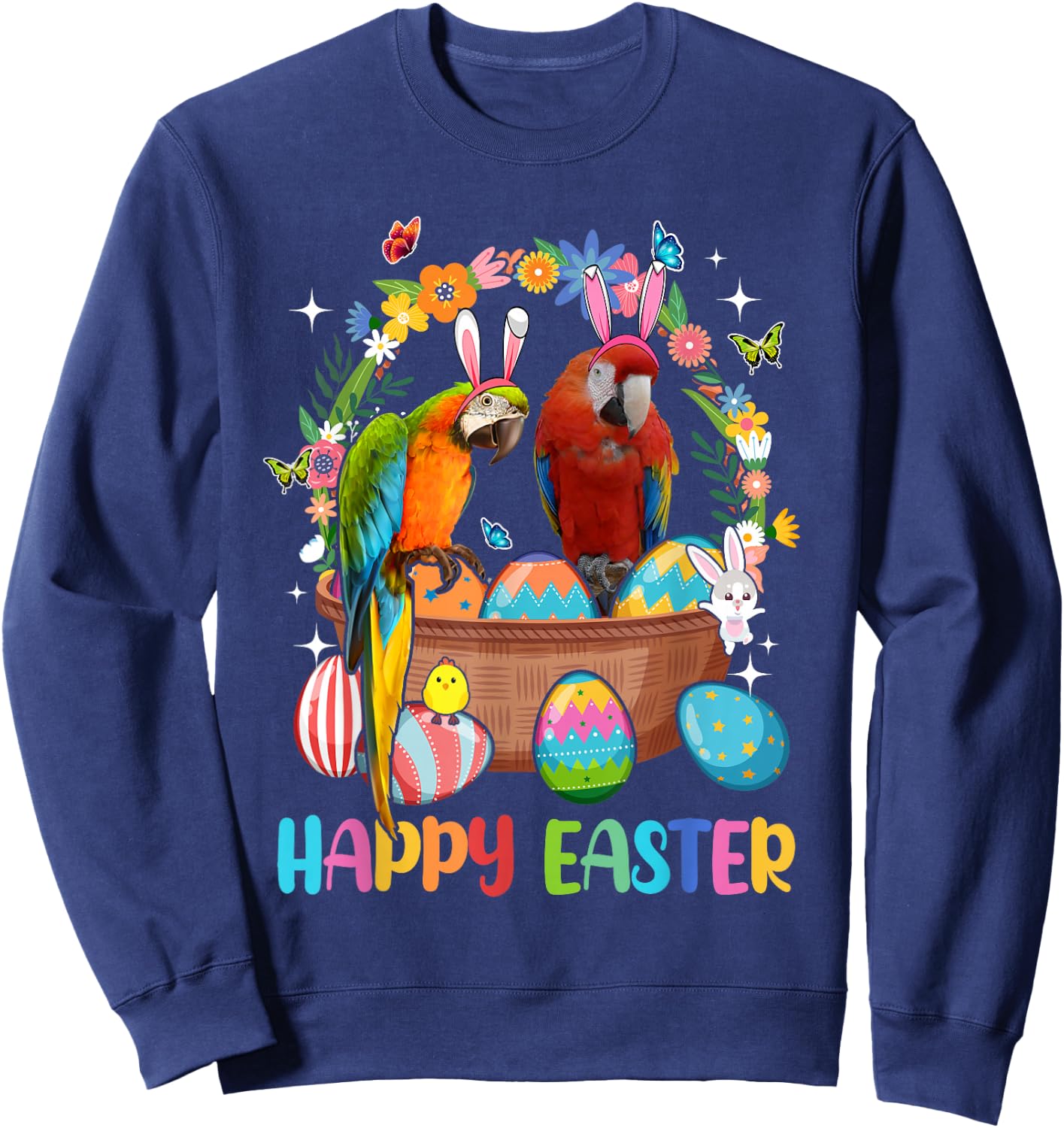 Happy Easter Three Cute Bunny Parrots In Eggs Basket Lover Sweatshirt - Sweatshirt | Navy
