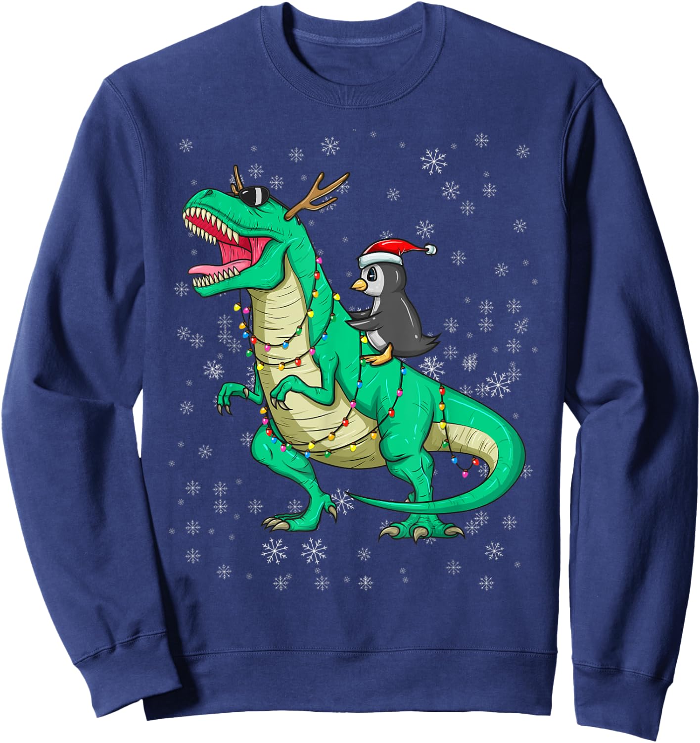Christmas Penguin Riding Dinosaur T Rex Holiday Costume Fun Sweatshirt - Sweatshirt | Navy