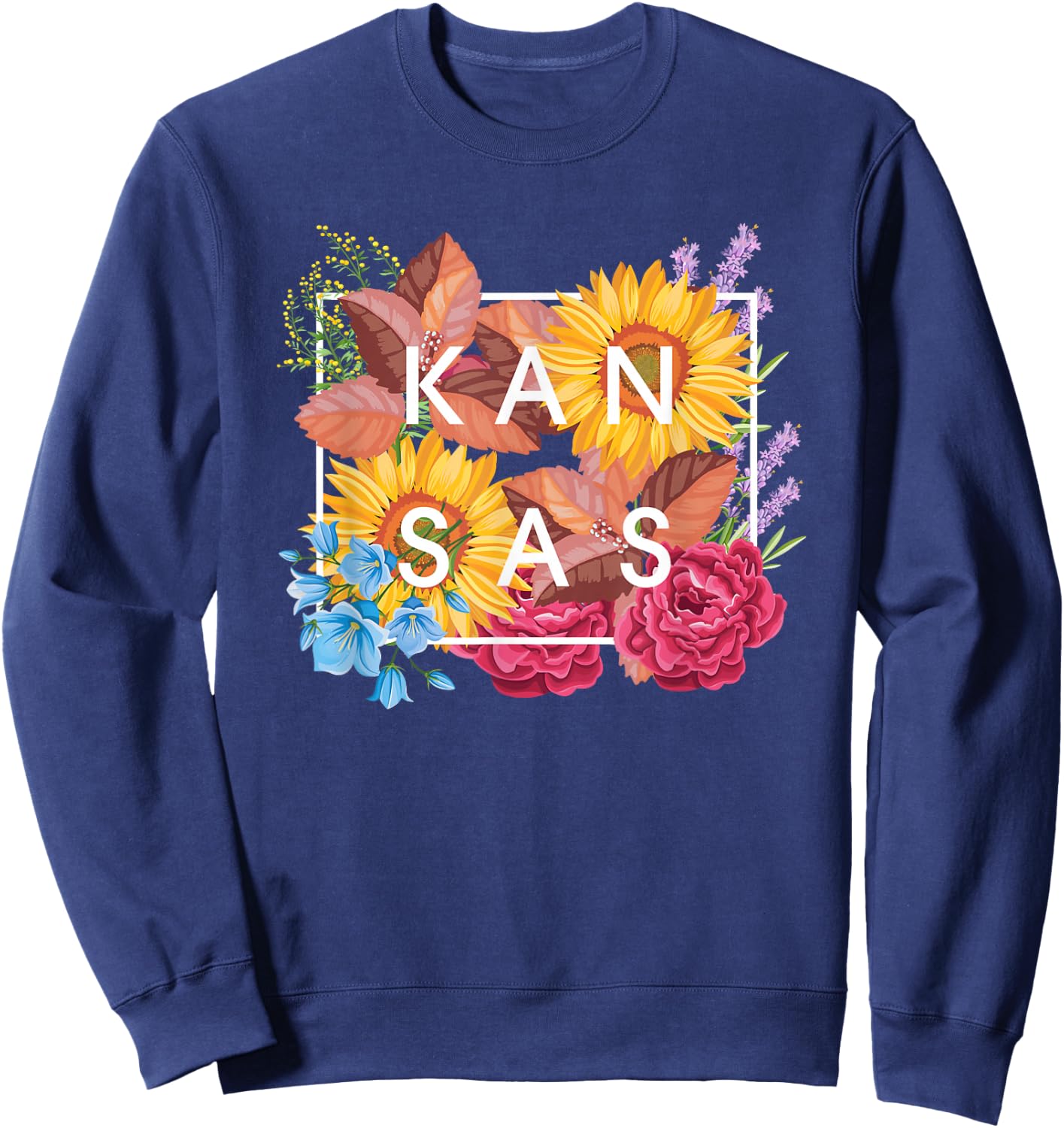 Flowers of Kansas Word Art - Kansan State Souvenir Sweatshirt - Sweatshirt | Navy