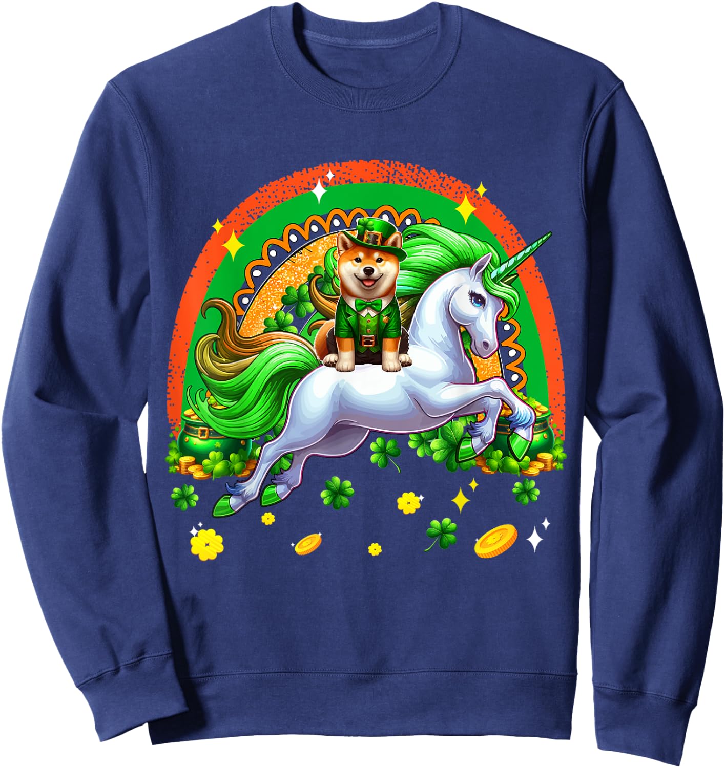Patrick's Day Shiba Inu Riding Unicorn Shamrocks Rainbow Sweatshirt - Sweatshirt | Navy
