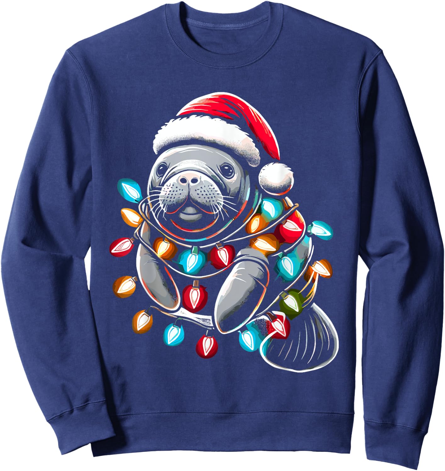 Manatee Santa Hat Christmas Lights Pajama Funny Xmas Sweatshirt - Sweatshirt | Navy
