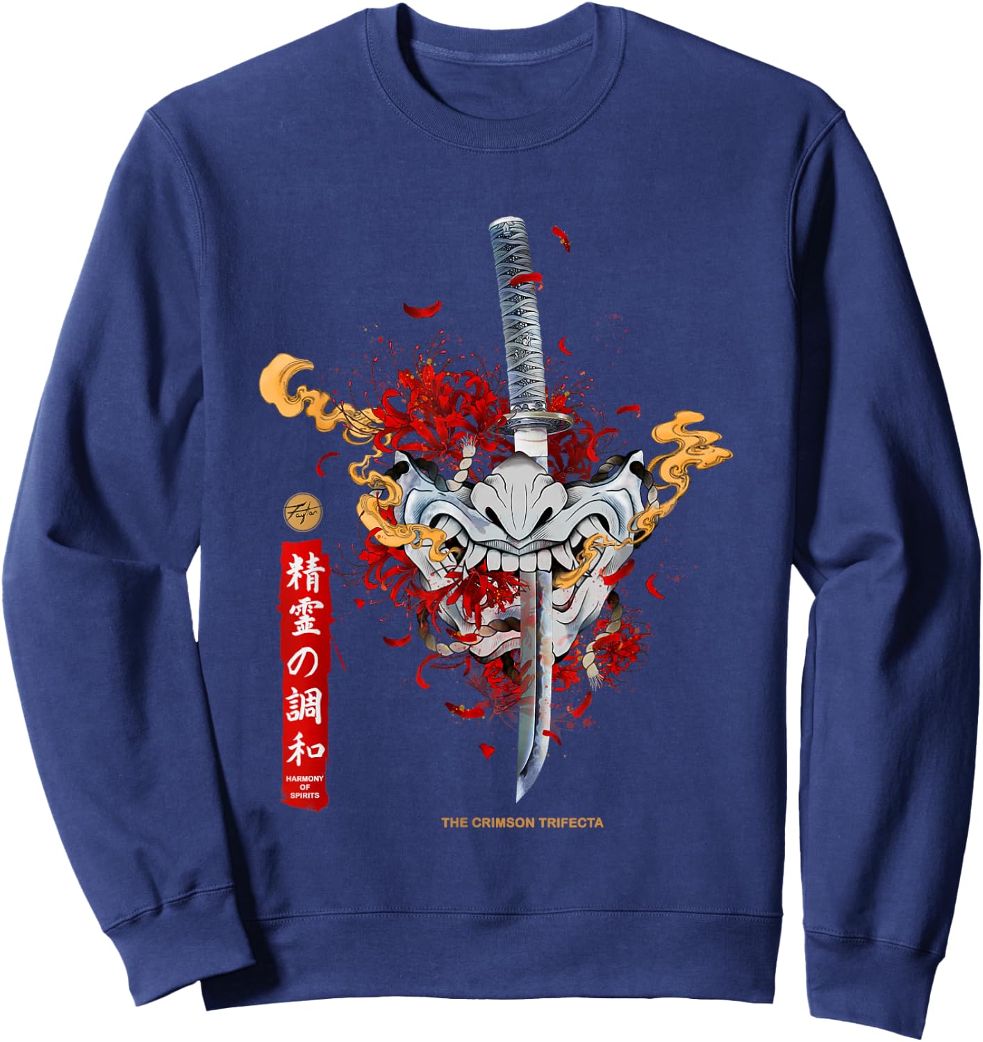 Red Spider Lily and Japanese Anime Retro Oni Samurai Mask Sweatshirt - Sweatshirt | Navy