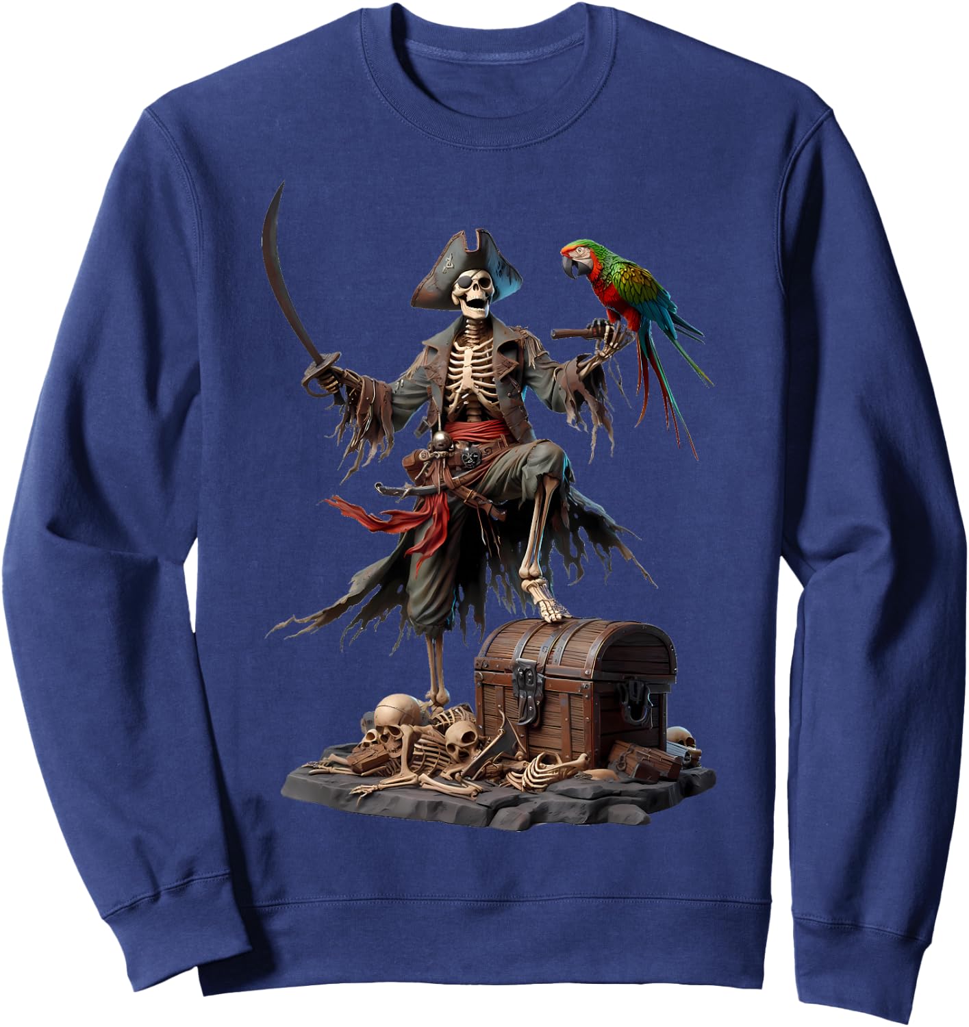 Skeleton Pirate Treasure Chest Parrot Ghostly Skull Sweatshirt - Sweatshirt | Navy
