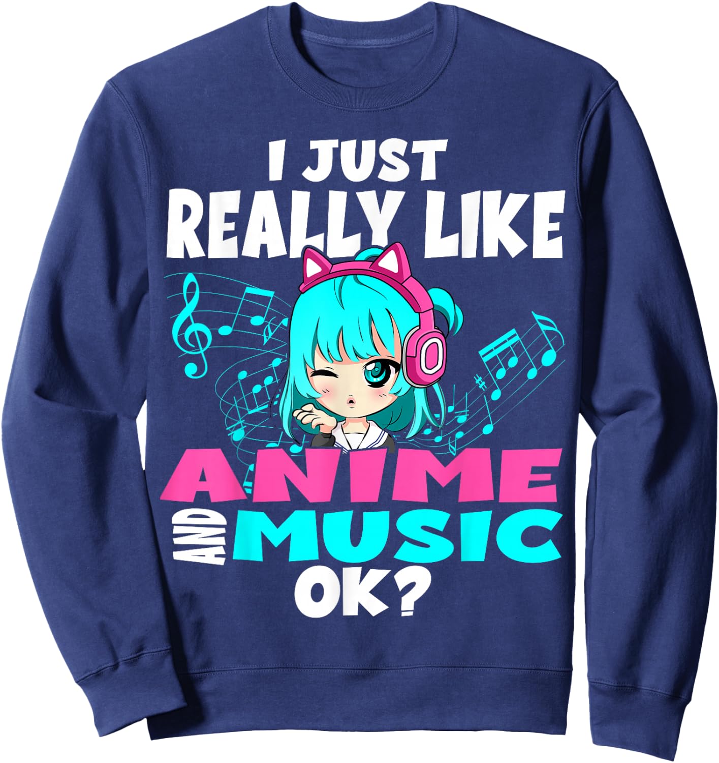 Anime and Music Kawaii Chibi Graphic Teen Anime Girl Sweatshirt - Sweatshirt | Navy