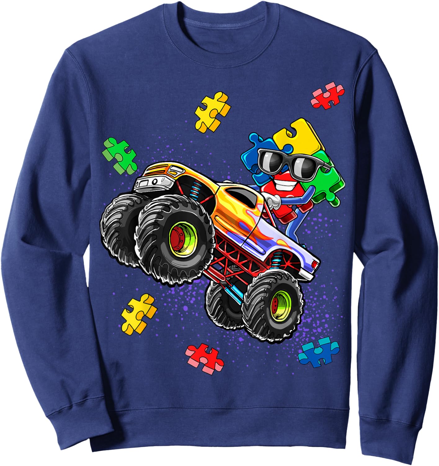 Monster Truck Autism Awareness Puzzle Piece Gift Boys Sweatshirt - Sweatshirt | Navy