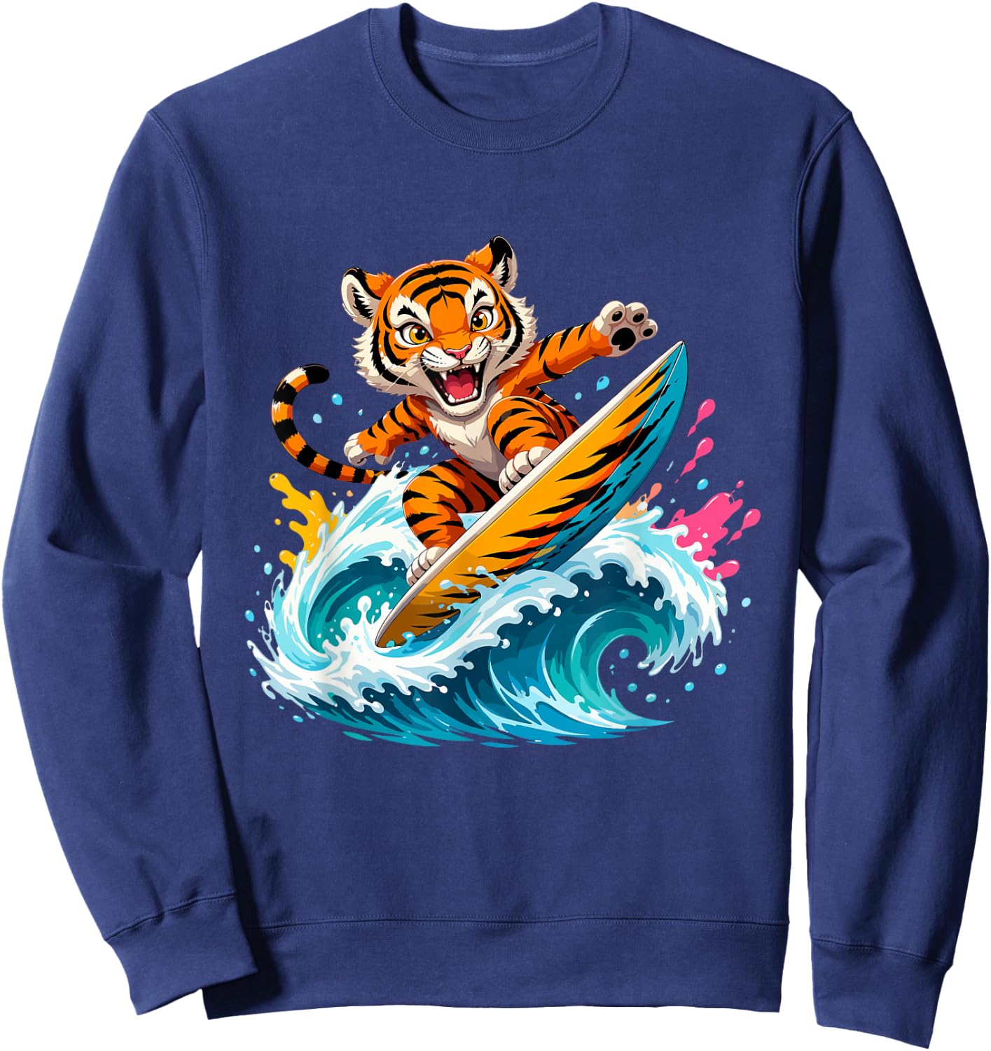 Cartoon Tiger Surfer Riding Big Ocean Wave Sweatshirt - Sweatshirt | Navy