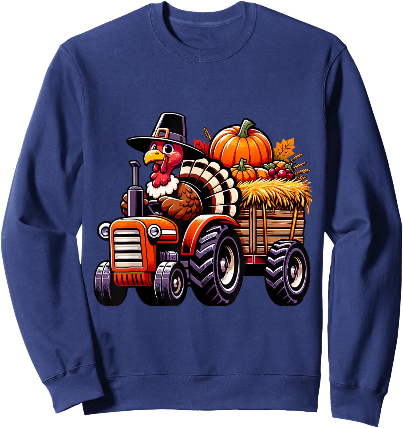 Turkey And Tractors Boys Kids Girls Thanksgiving Hayride Sweatshirt - Sweatshirt | Navy