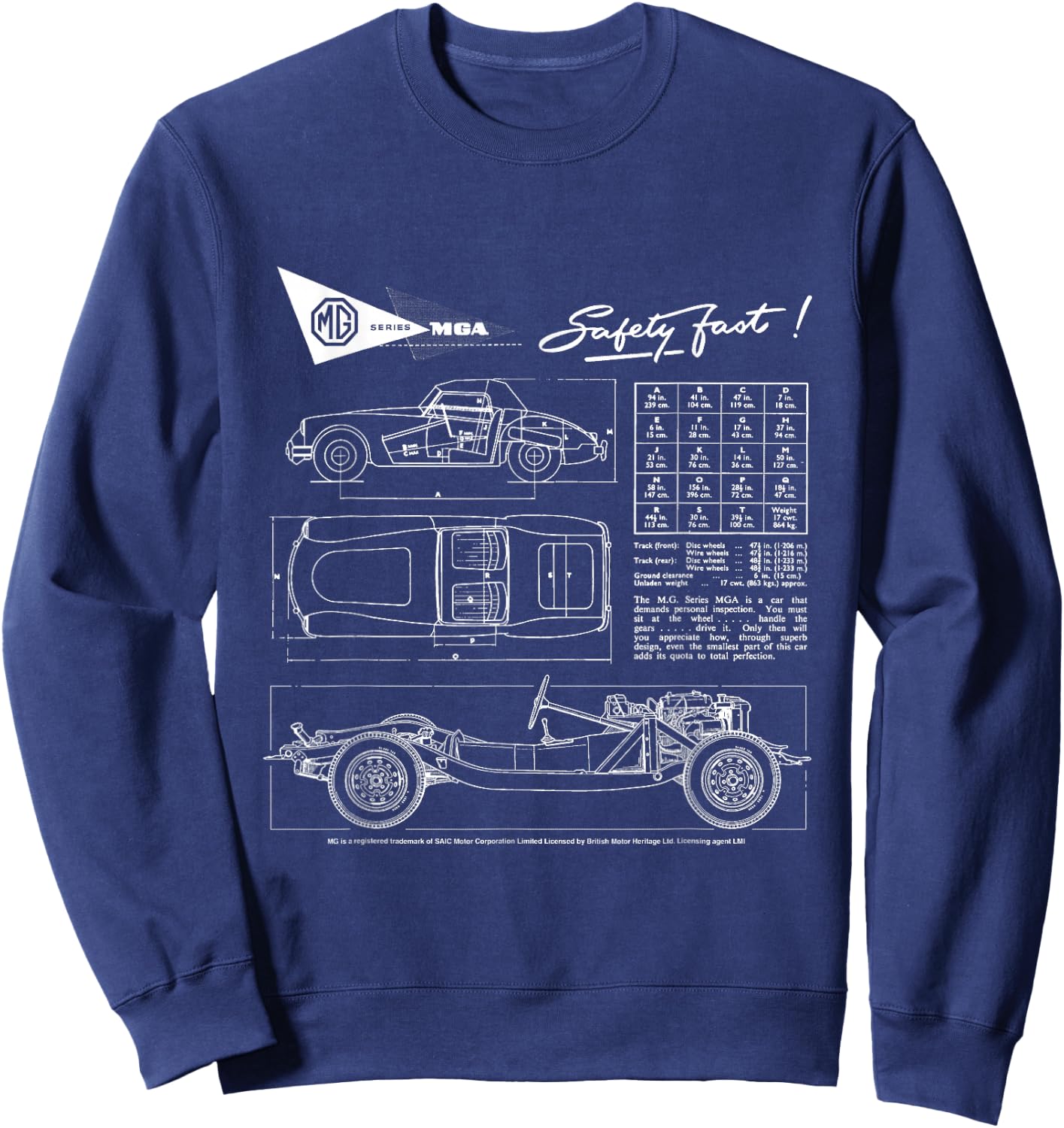 BMH MG MGA Retro Sports Car Technical Drawing Sweatshirt - Sweatshirt | Navy