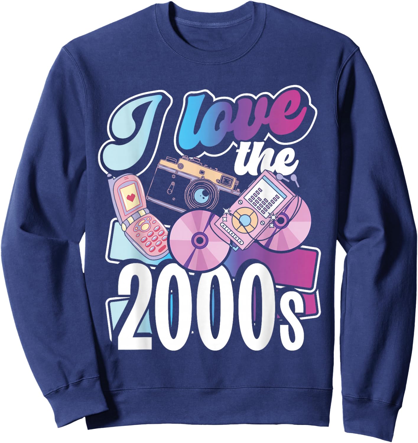 2000er Jahre Flip Phones Und Tech Designs I Love The 2000s Black Small -Adults Regular Fit Short Sleeve Cotton 60% Polyester 40% Novelty Retro 2000s Nostalgia Sweatshirt - Sweatshirt | Navy