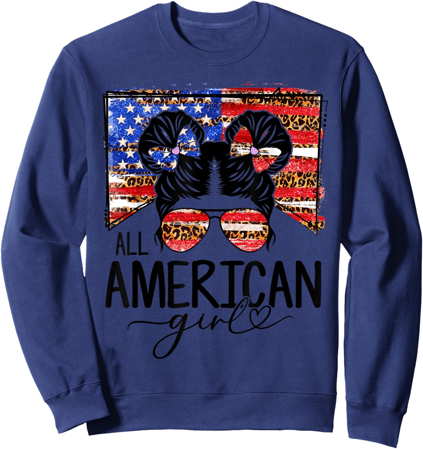 All American Girls 4th of July Messy Bun Leopard Patriotic Sweatshirt - Sweatshirt | Navy