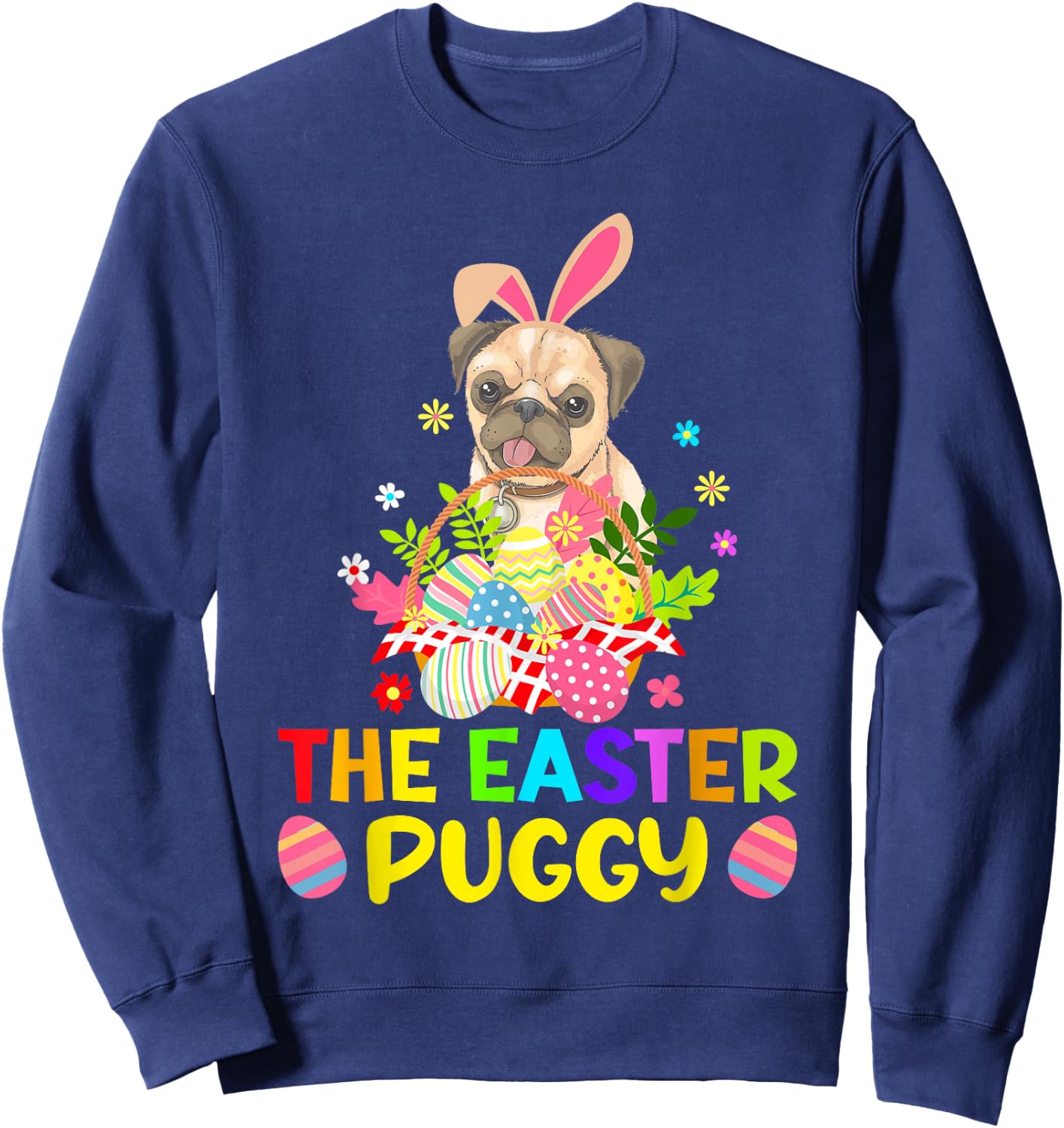 Funny Easter Pug Bunny Ear Eggs Basket Dogs Kids Sweatshirt - Sweatshirt | Navy