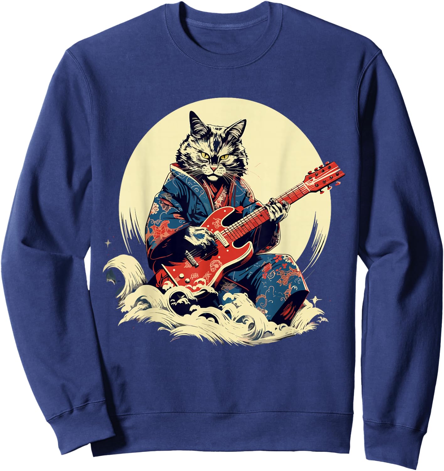 Japanese Samurai Cat Playing Electric Guitar , Black, S Sweatshirt - Sweatshirt | Navy