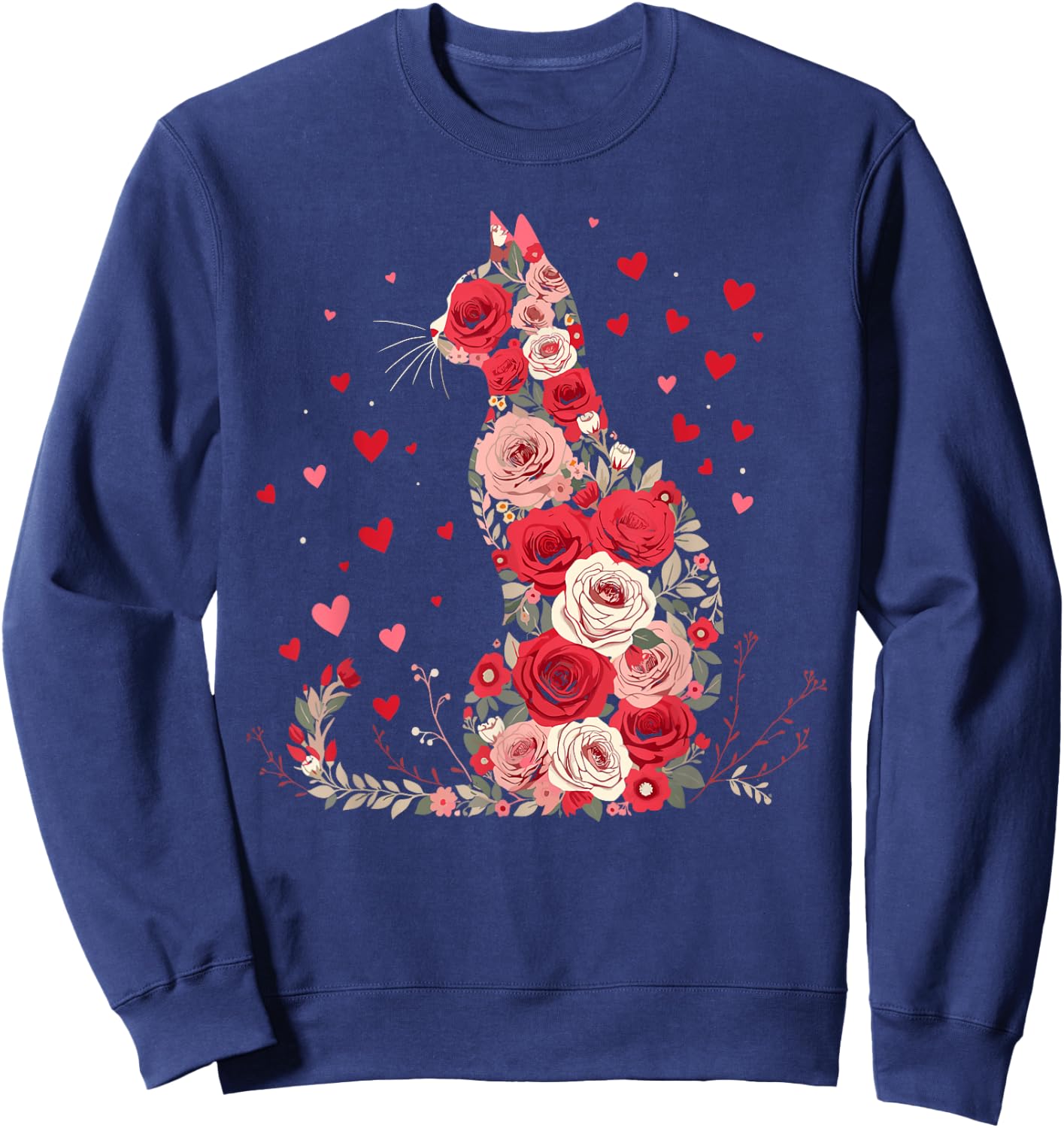 Cute Flower Cat Owners Artwork with Hearts and Roses Sweatshirt - Sweatshirt | Navy