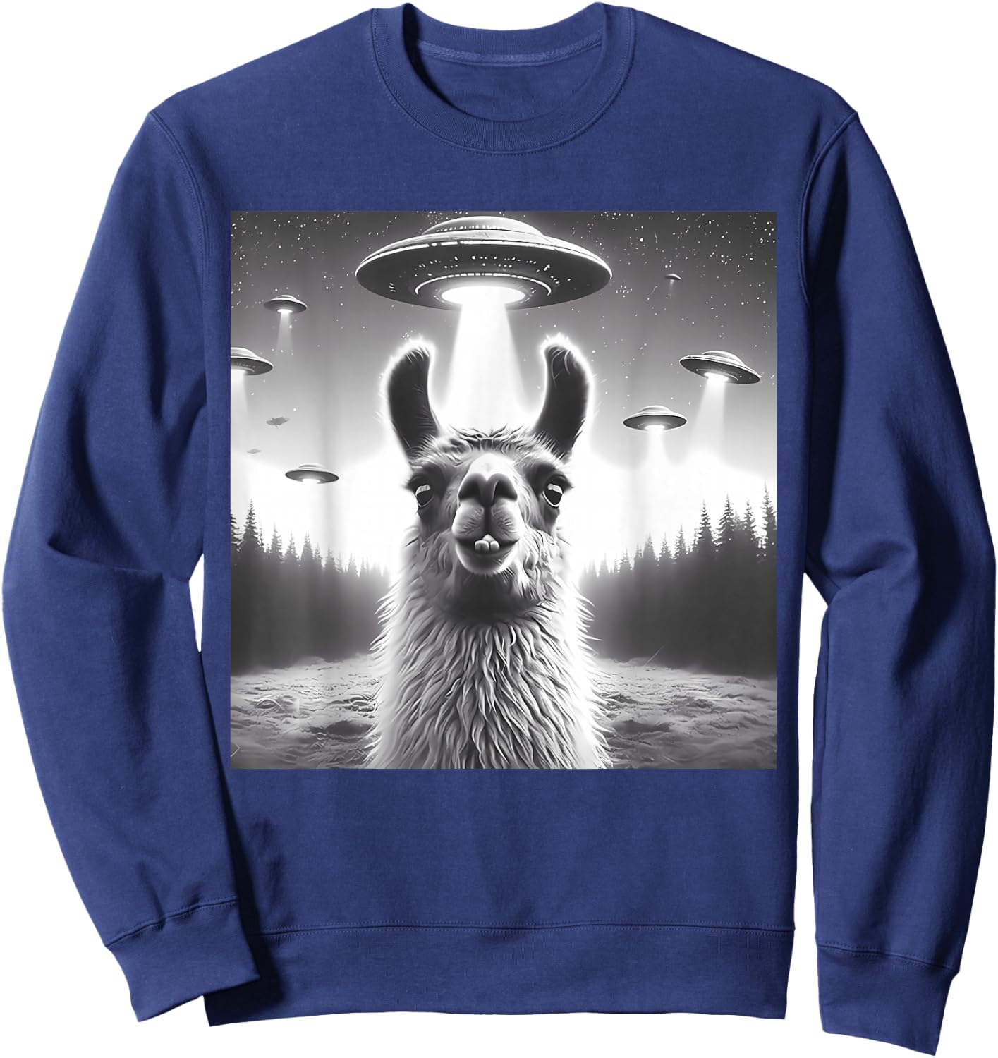 Funny Llama Selfie UFO Alien Alpaca Humor Vintage Print Art Sweatshirt - Sweatshirt | Navy