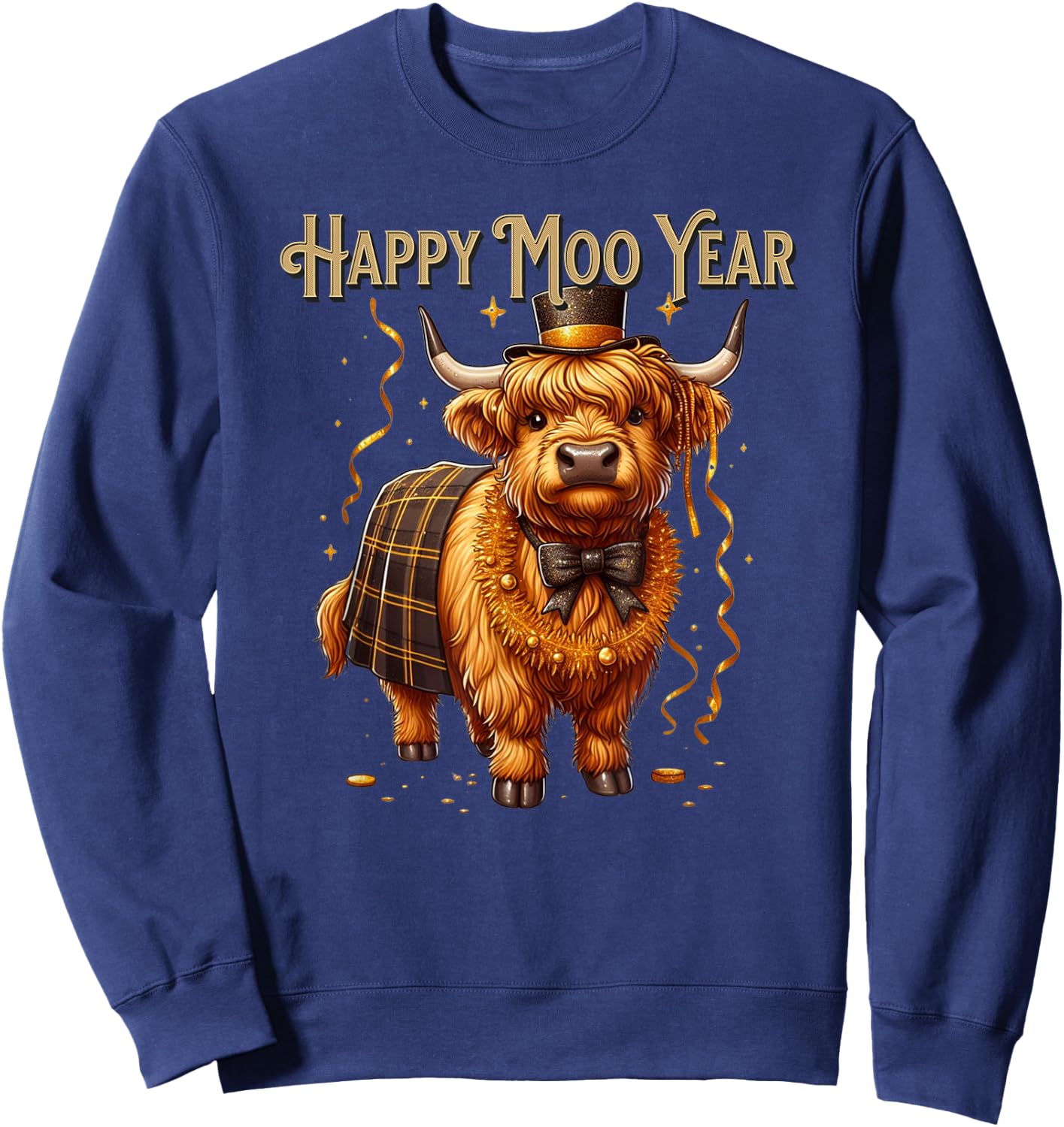 New Year Highland Cow Happy Year Moo Funny Western Cow Sweatshirt - Sweatshirt | Navy
