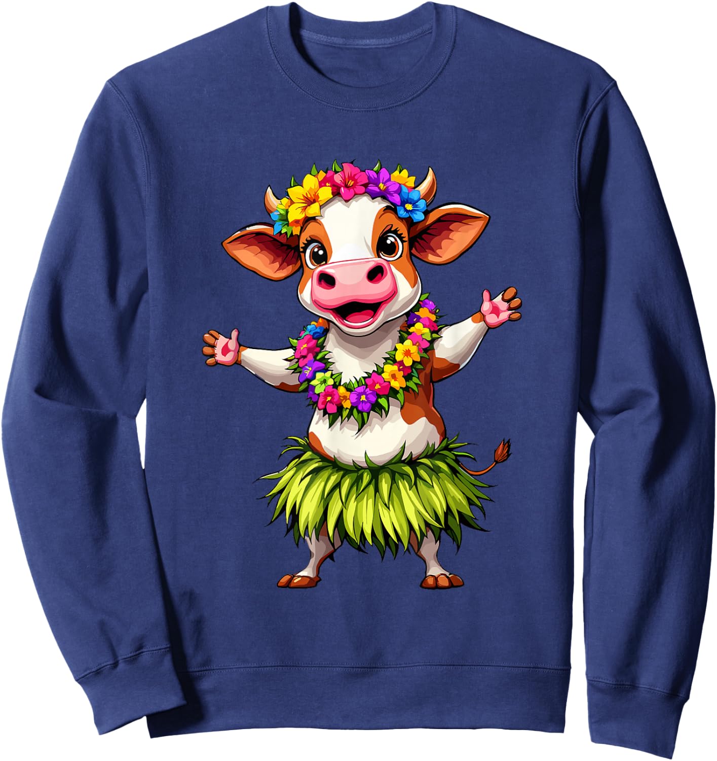 Hawaii Animal Haku Lei Hula Dance Aloha Cow Sweatshirt - Sweatshirt | Navy